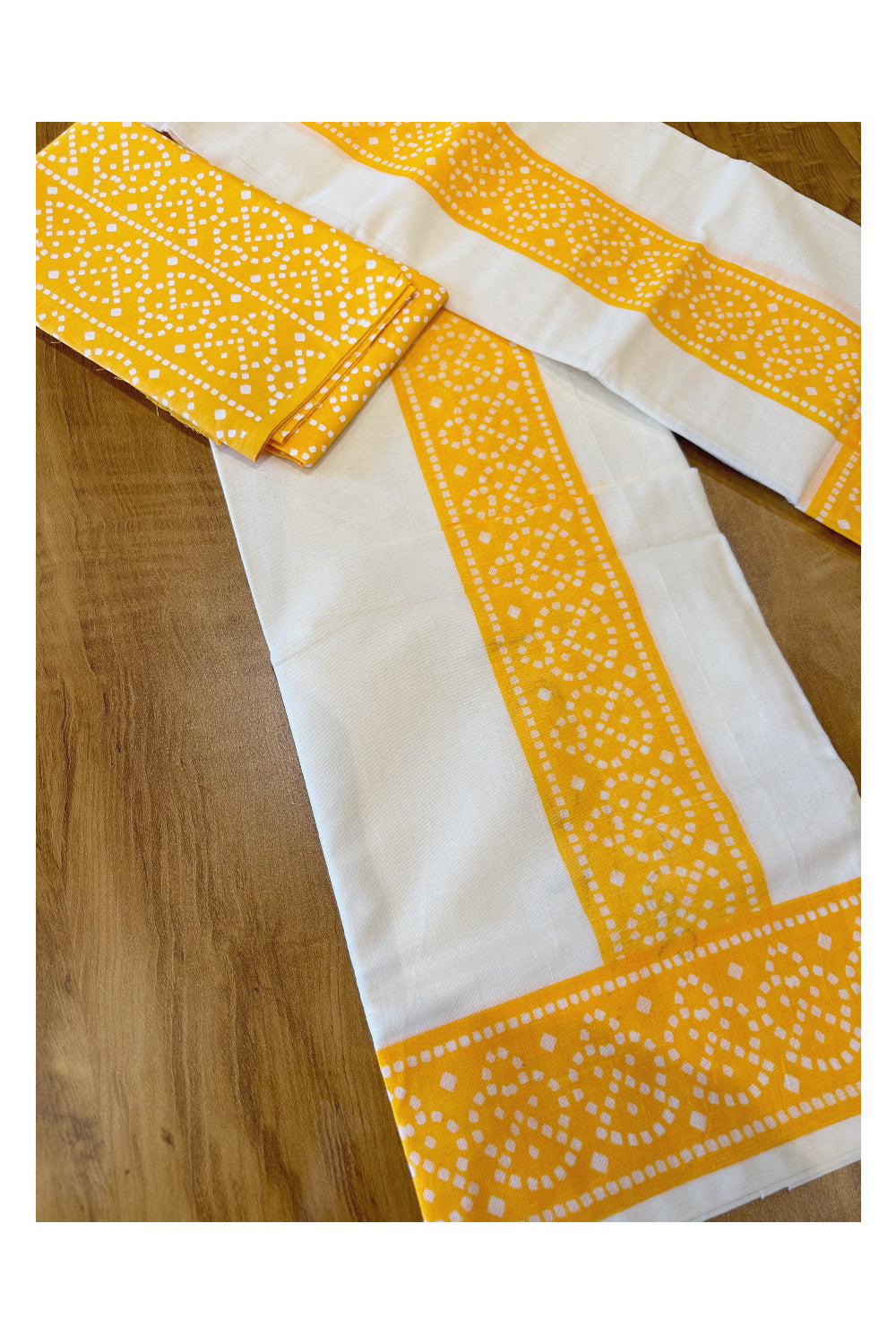 Kerala Cotton Set Mundu (Mundum Neriyathum) with Yellow Block Prints and Seperate Blouse Piece (Onam Set Mundu 2023)