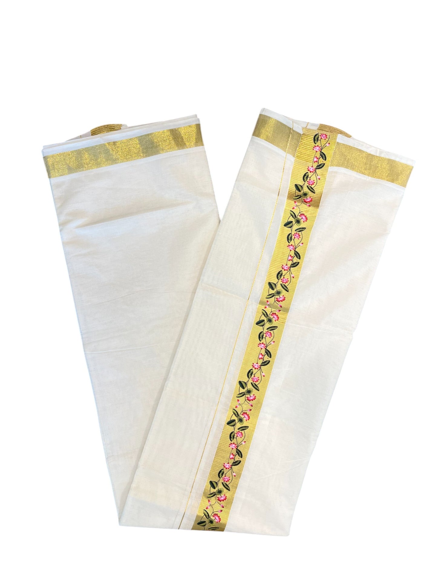 Pure Cotton Off White Double Mundu with Block Prints on Kasavu Kara (South Indian Dhoti)