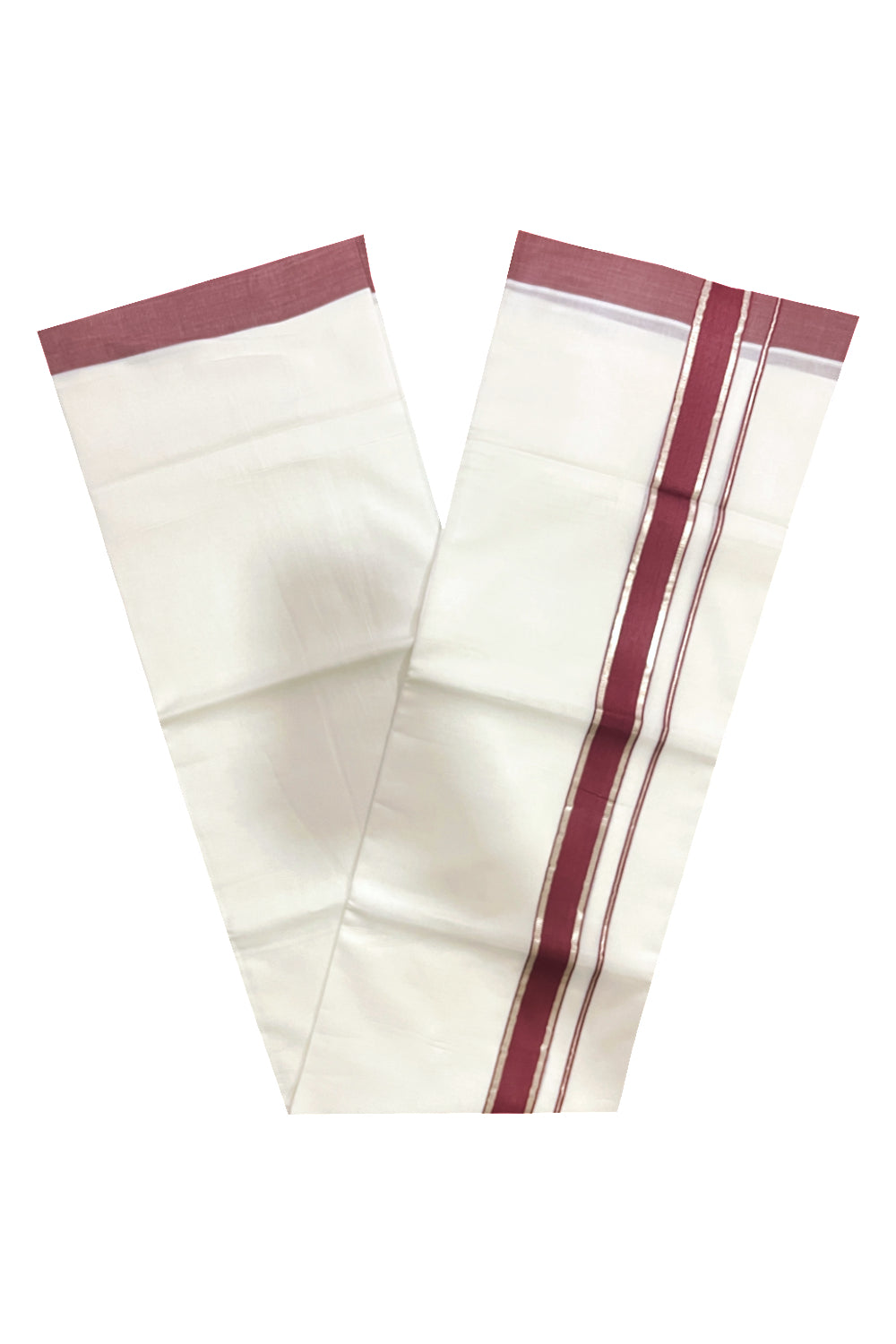 Pure White Cotton Double Mundu with Maroon and Silver Kasavu Border (South Indian Kerala Dhoti)