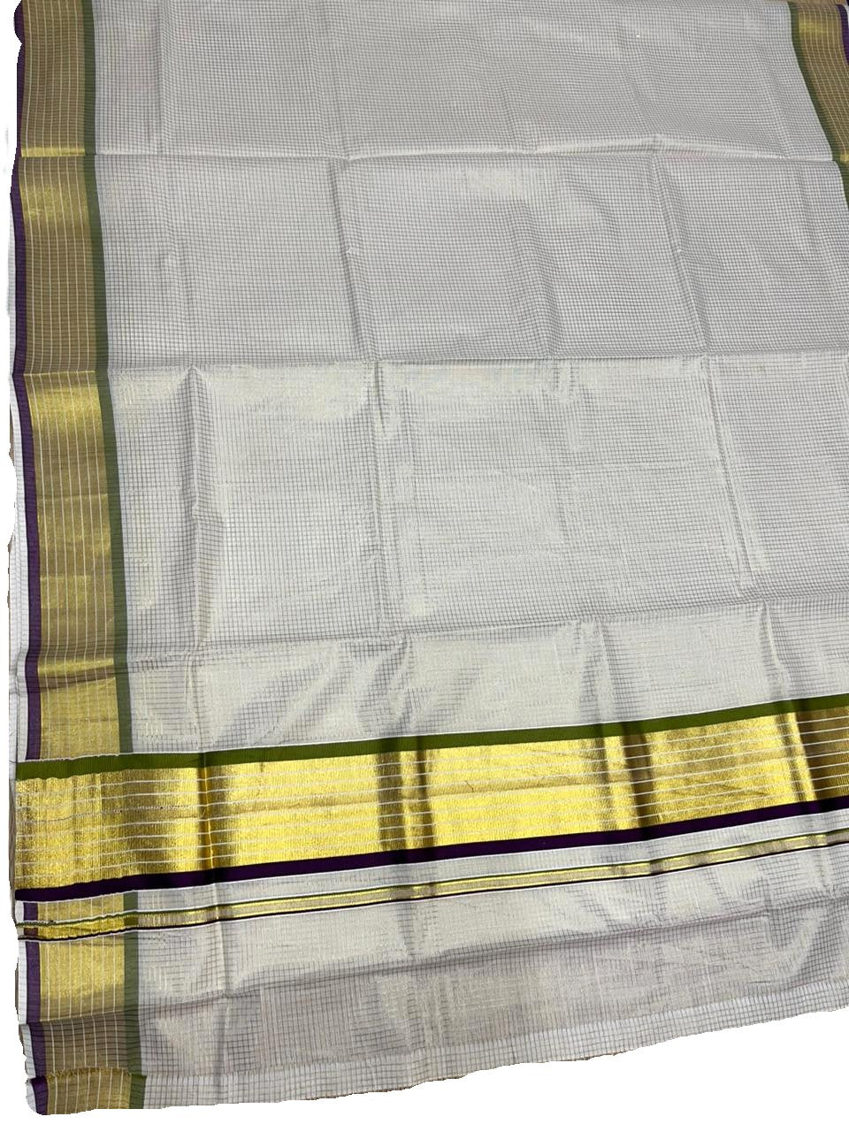 Southloom Kerala Cotton Kasavu Saree with Micro Check Design on Body in Purple & Olive Green Border SL451