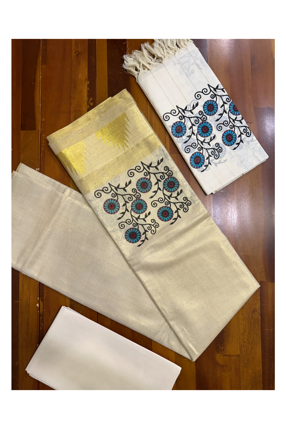 Kerala Tissue Churidar Salwar Material with Mural Flower Printed Design (include Mural Shawl / Dupatta)