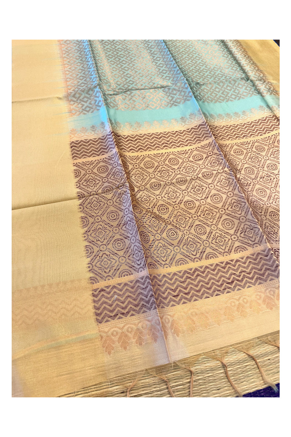 Southloom Semi Tussar Turquoise Woven Saree with Yellow Border