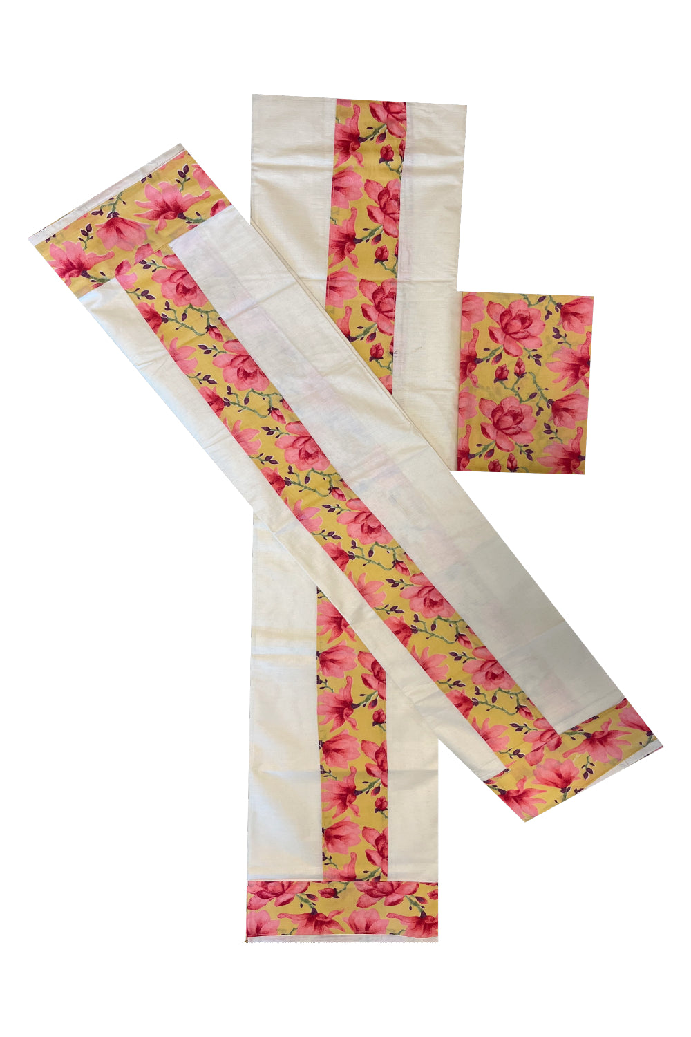 Kerala Cotton Set Mundu (Mundum Neriyathum) with Floral Designs and Seperate Blouse Piece