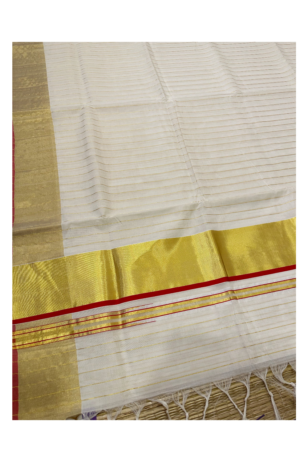 Southloom™ Handloom Kerala Saree with Kasavu Lines Across Body and Red Border (Onam Saree 2023)