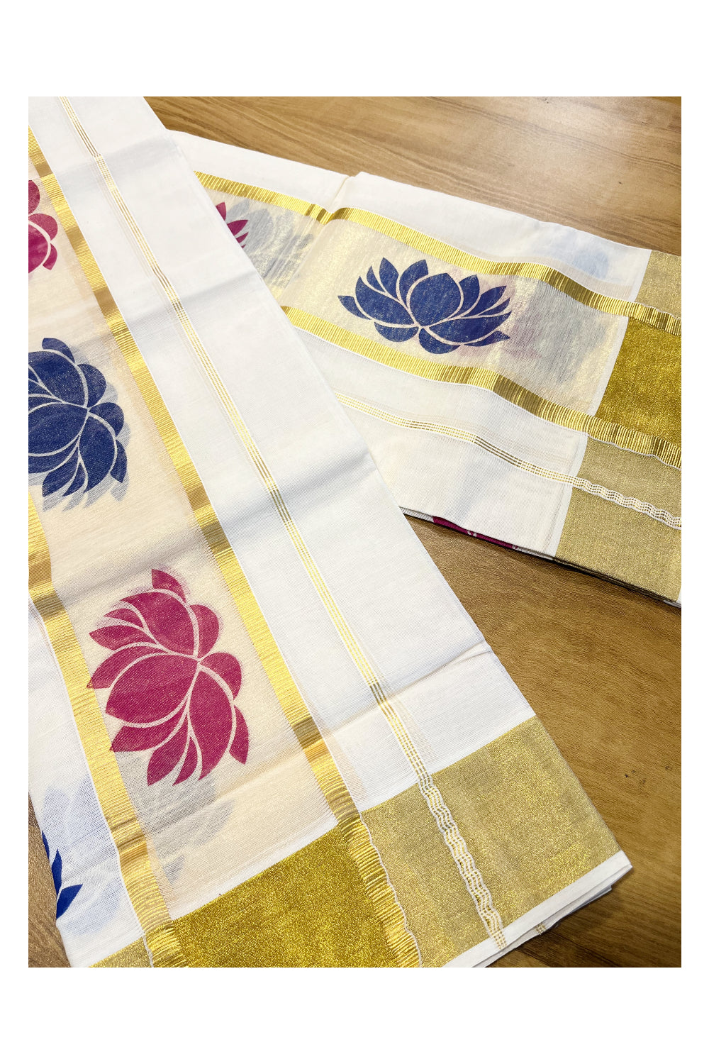 Kerala Tissue Single Set Mundu (Mundum Neriyathum) with Pink And Blue Lotus Block Prints On Kasavu Border 2.80 Mtrs