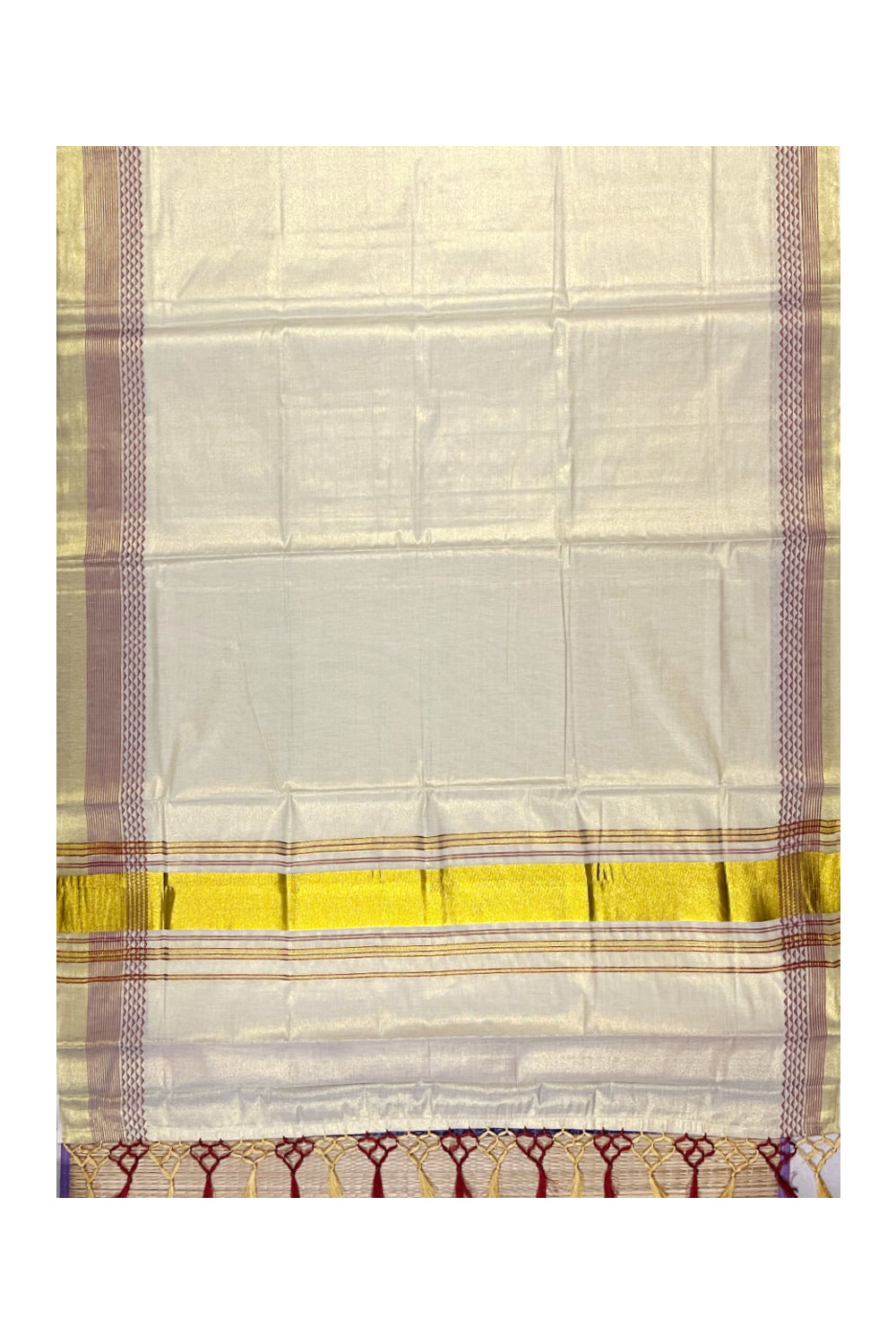 Kerala Tissue Kasavu Saree with Maroon Designs On Border