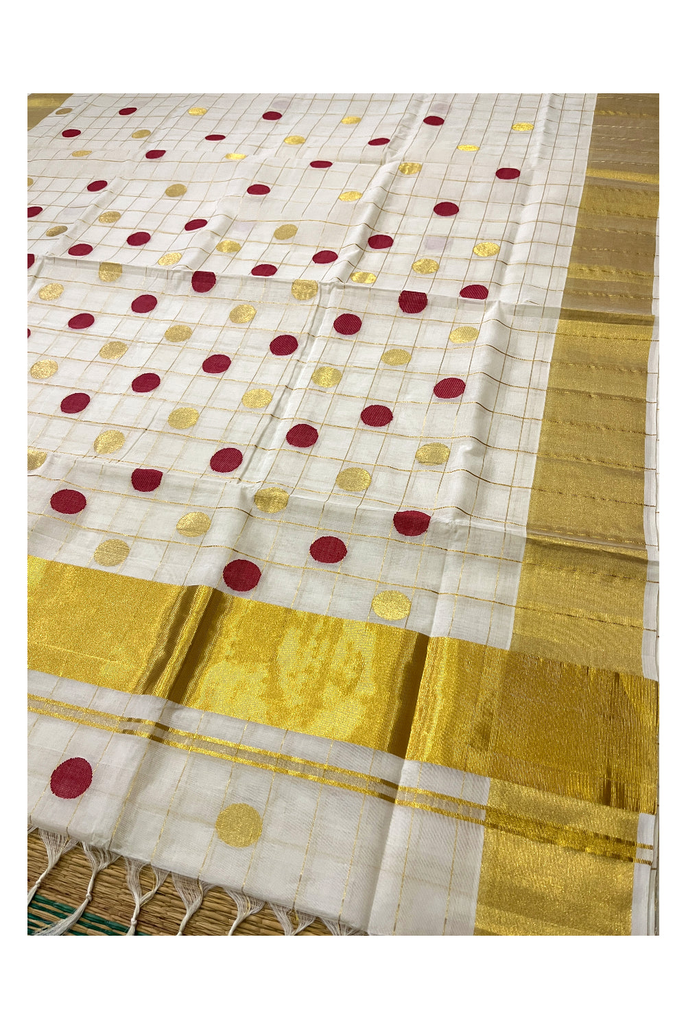 Southloom Premium Handloom Cotton Check Design Saree with Golden and Red Polka Work Across Body