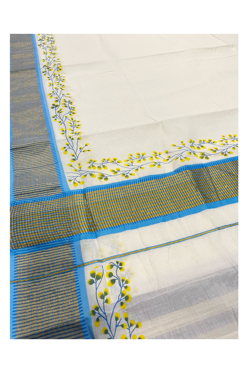 Southloom Blue Floral Print Saree with Kasavu Check Borders