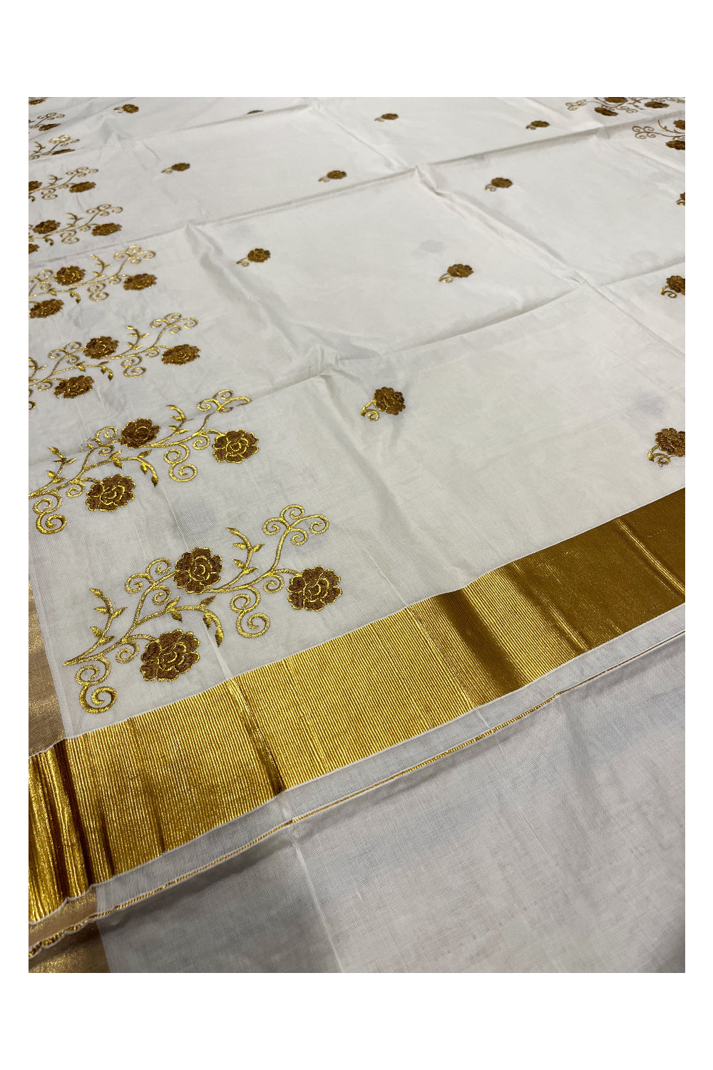 Southloom Kerala Kasavu Saree with Brown and Gold Floral Embroidery