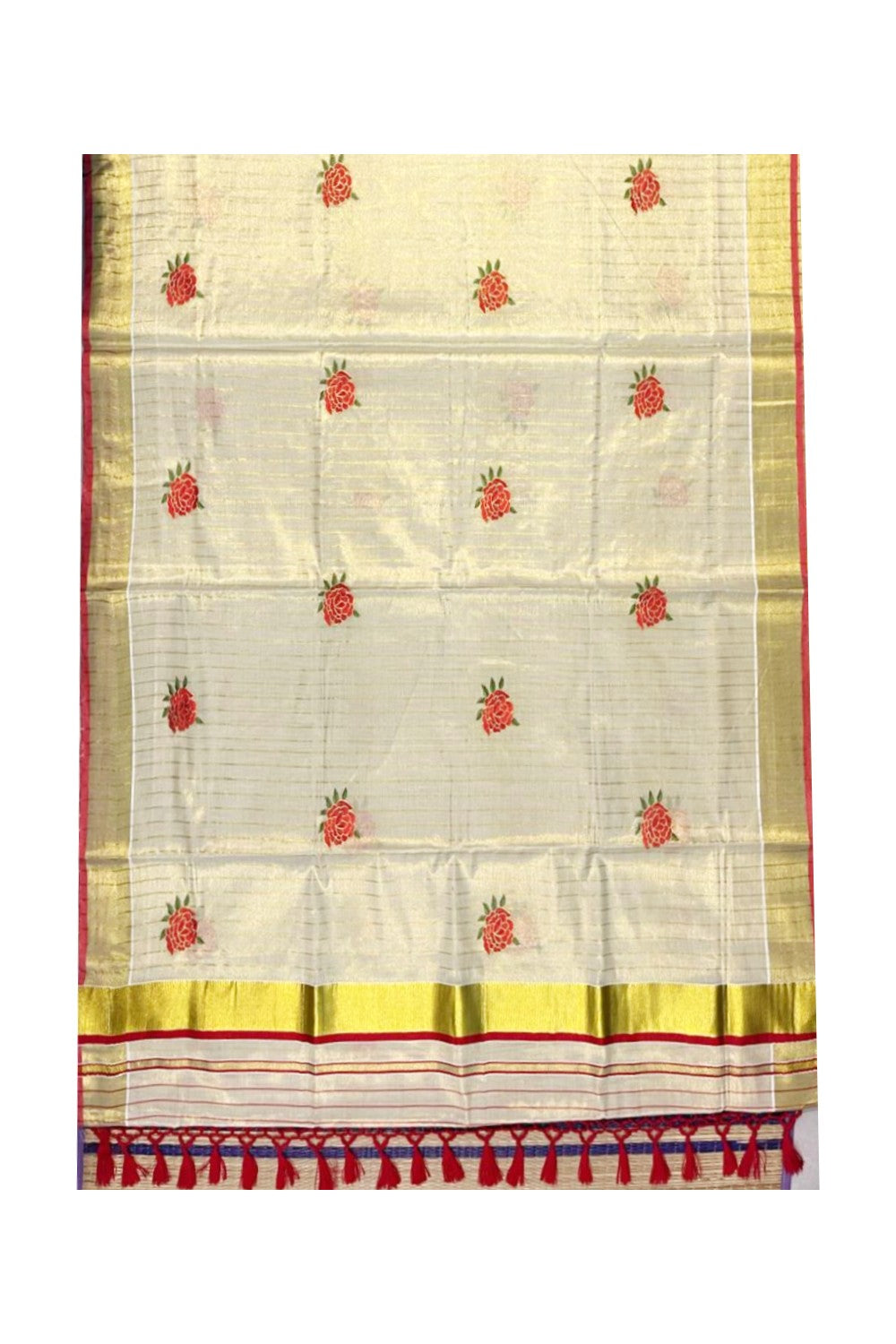 Southloom Kerala Tissue Kasavu Lines Saree with Red Floral Embroidery Works