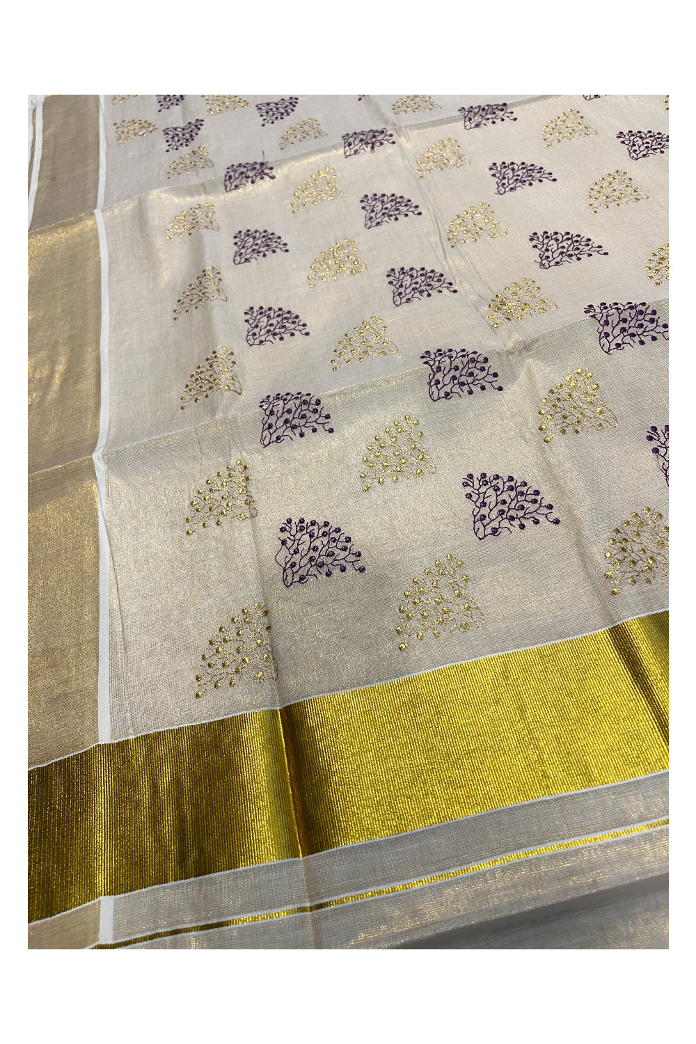 Southloom Kerala Tissue Kasavu Saree with Violet and Gold Floral Embroidery Design on Body