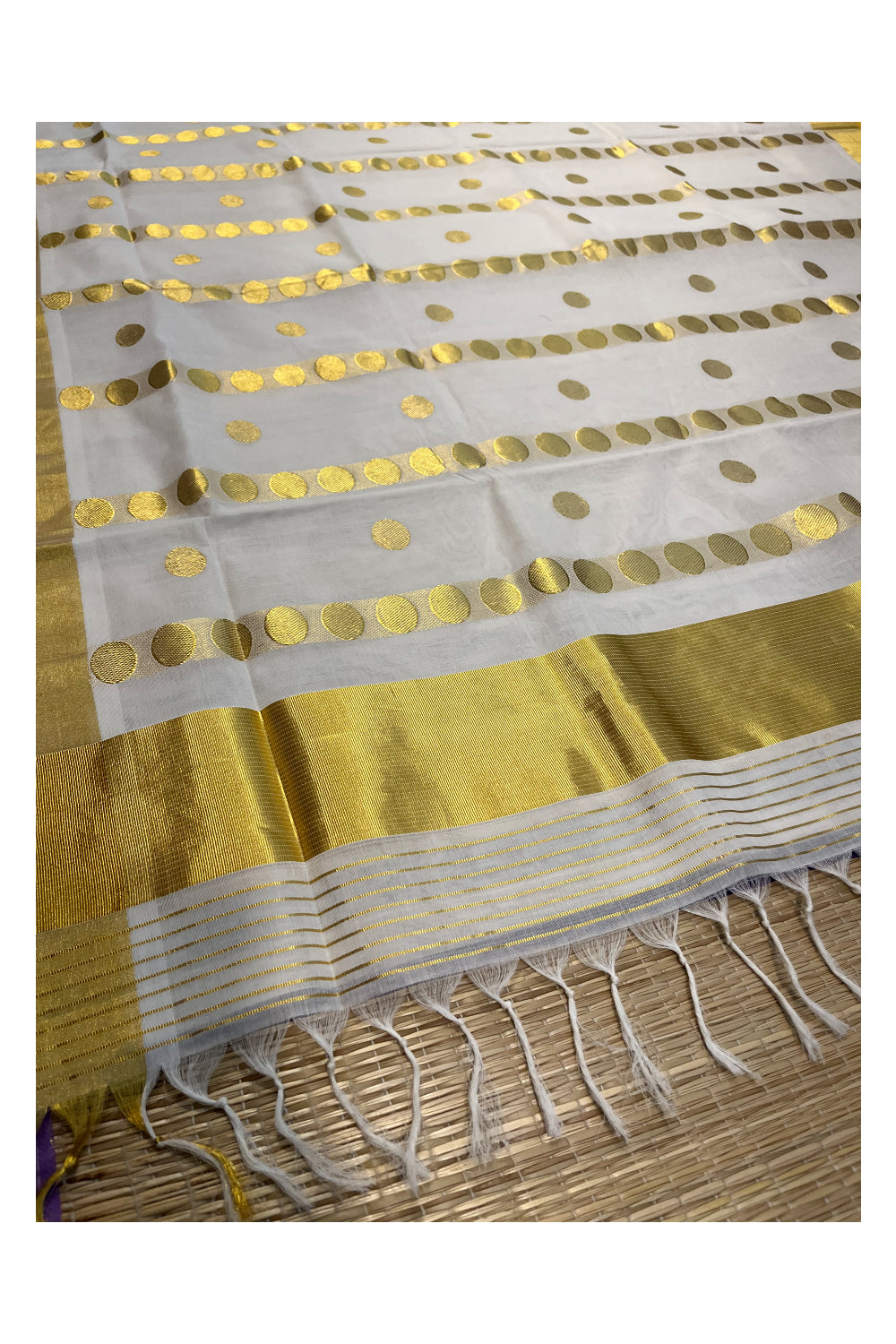 Southloom Premium Handloom Kasavu Saree with Golden Polka Woven Designs Across Body