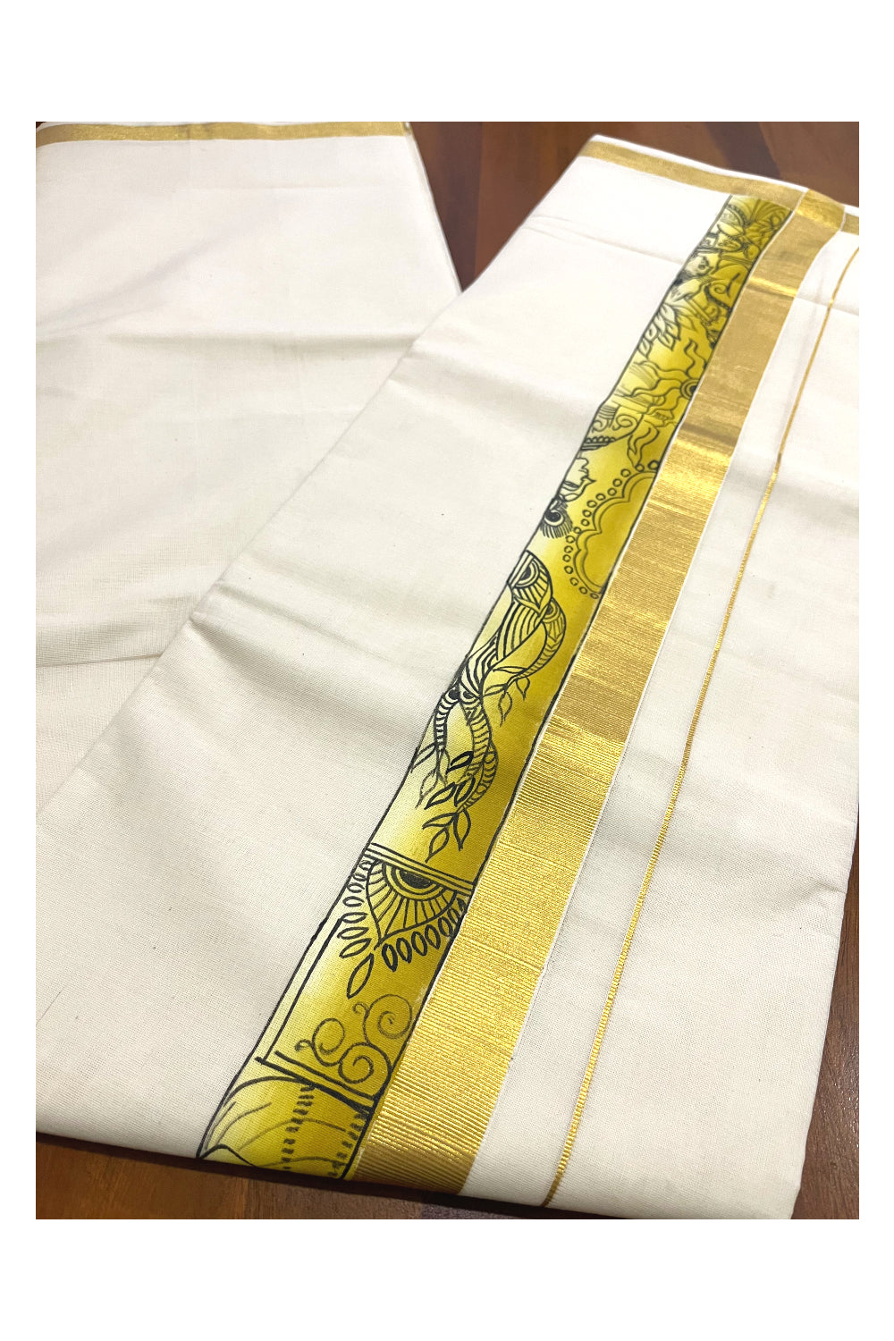 Pure Cotton Kasavu Mundu with Mural Hand Painted Border (Onam Mundu 2023)