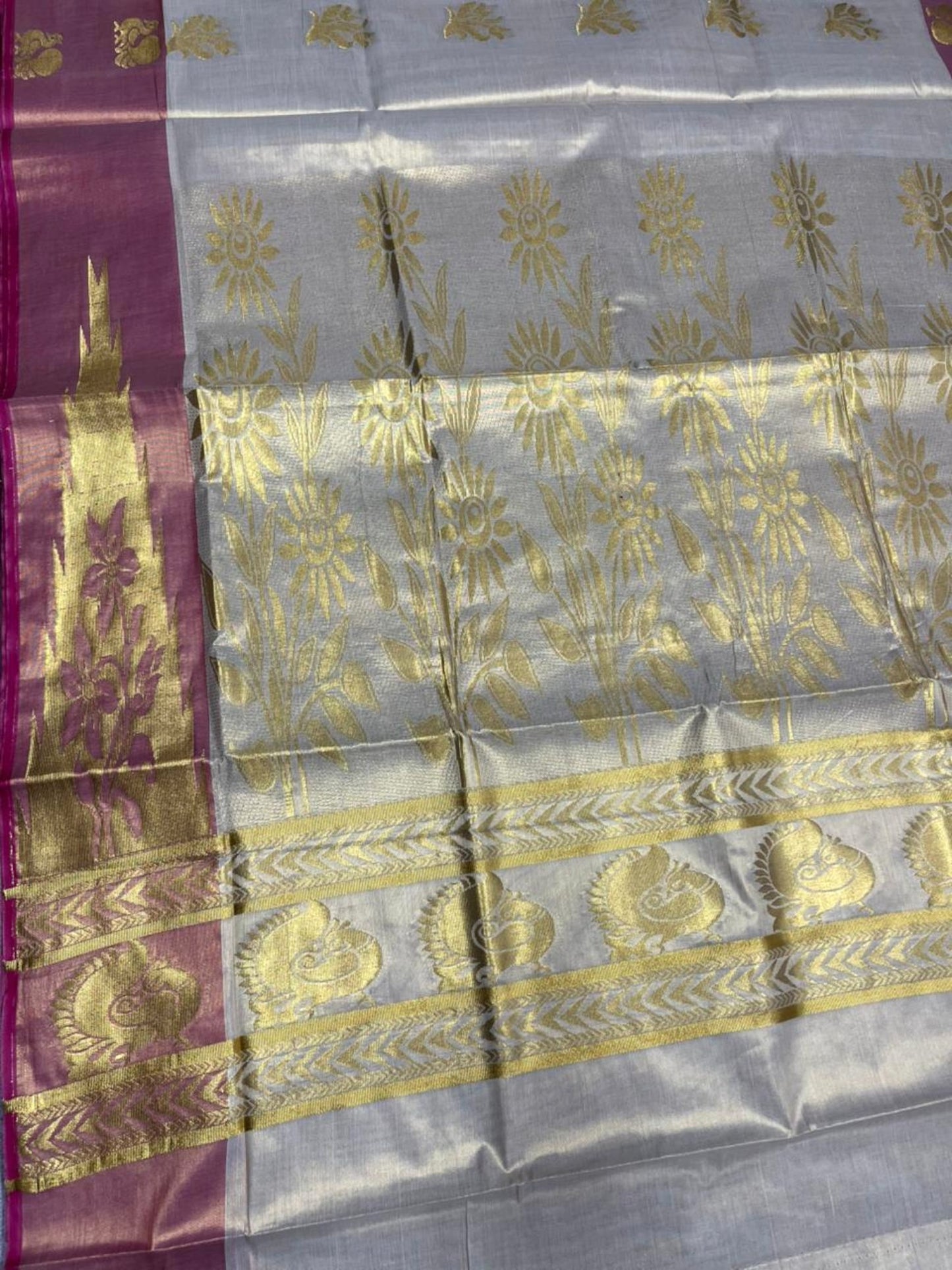 Southloom  Kerala Tissue Kasavu Heavy Work Saree with Peacock Design And Pink Border SL483