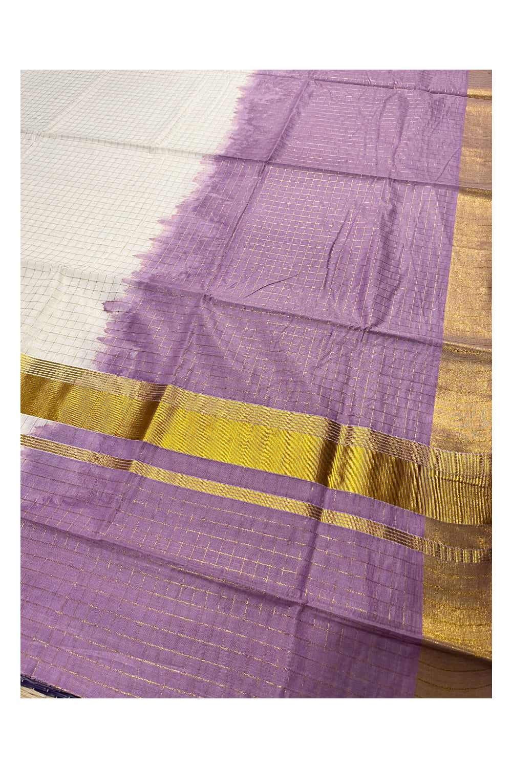 Southloom Cotton Tie & Dye - Half & Half Violet Design Saree with Kasavu Checks Across Body