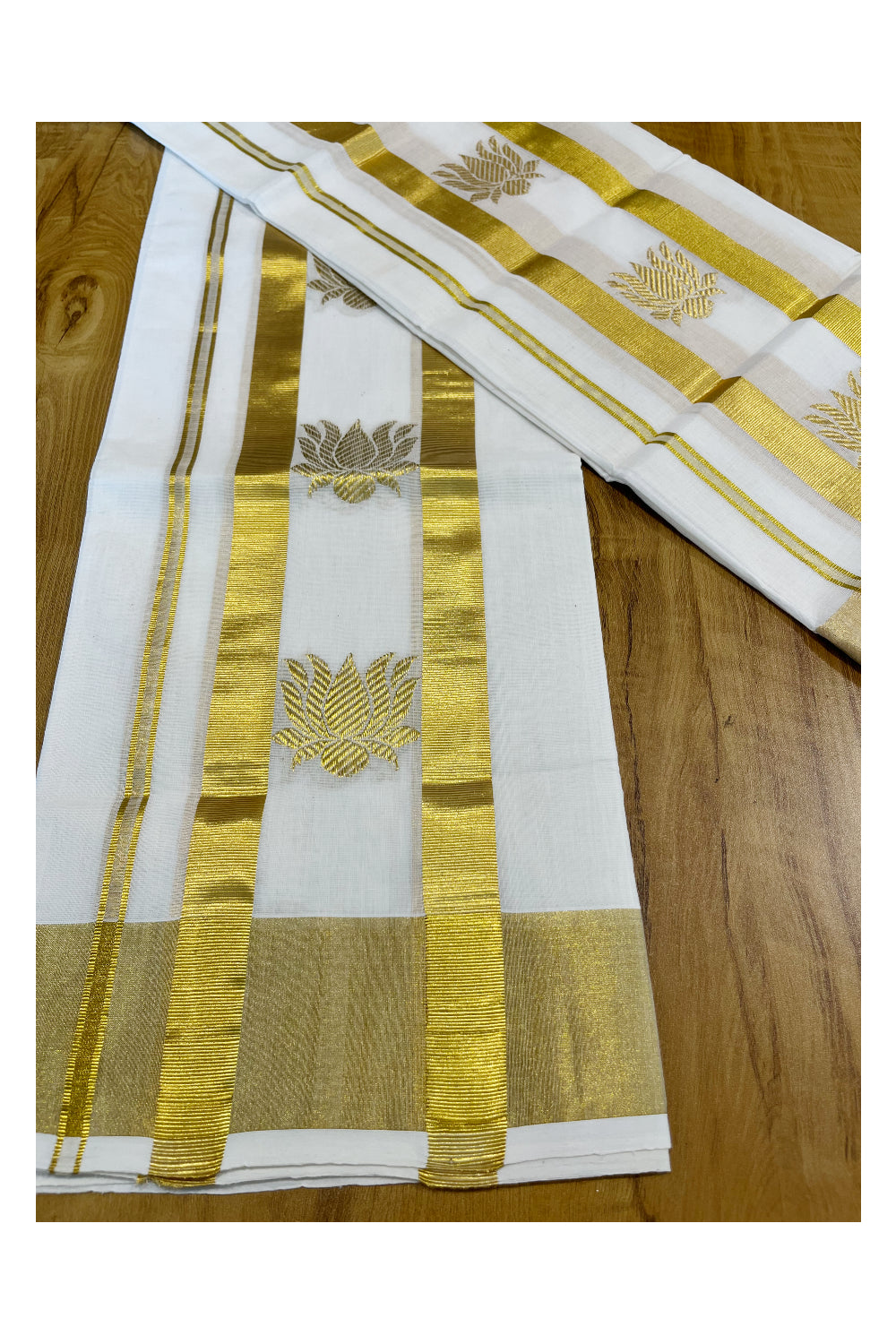 Southloom Handloom Premium Cotton Kasavu Set Mundu With Lotus Woven Patterns On Border (Mundum Neriyathum) 2.80 Mtrs