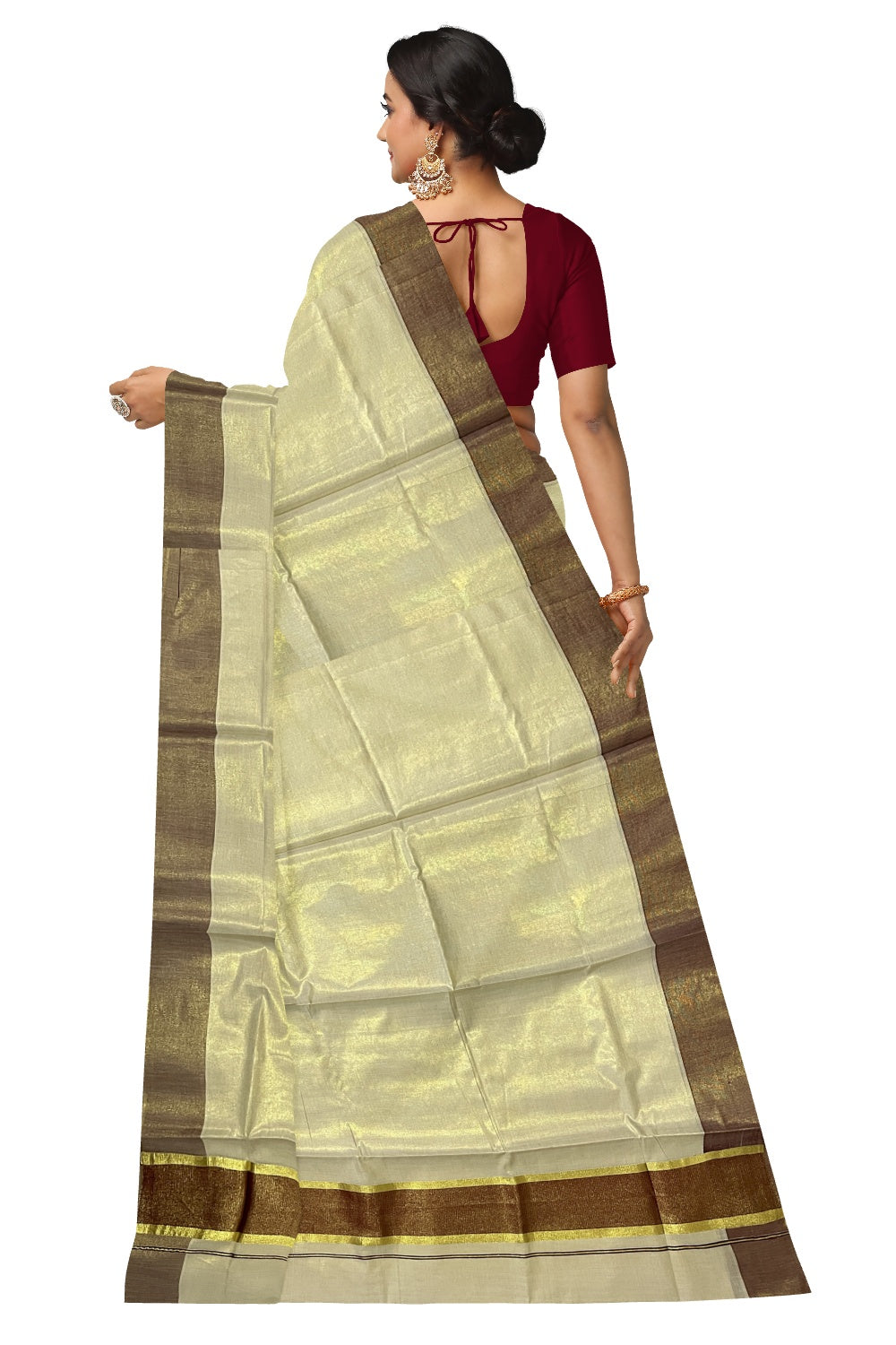 Kerala Tissue Kasavu Plain Saree with Maroon and Kasavu Border