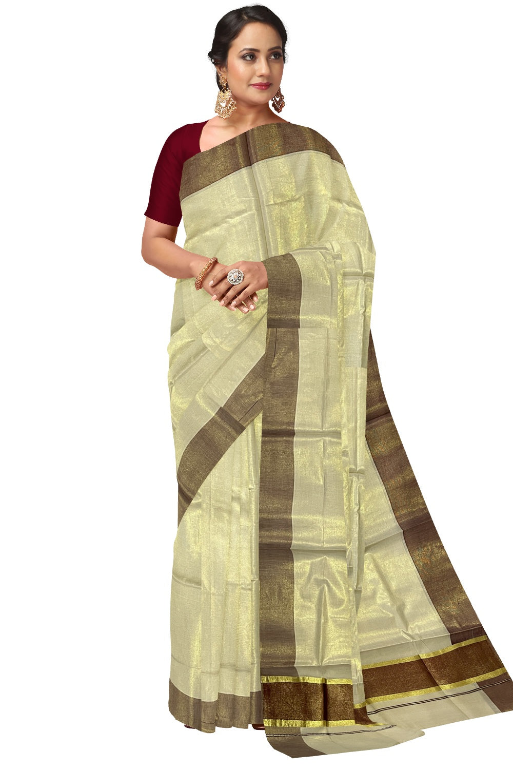 Kerala Tissue Kasavu Plain Saree with Maroon and Kasavu Border