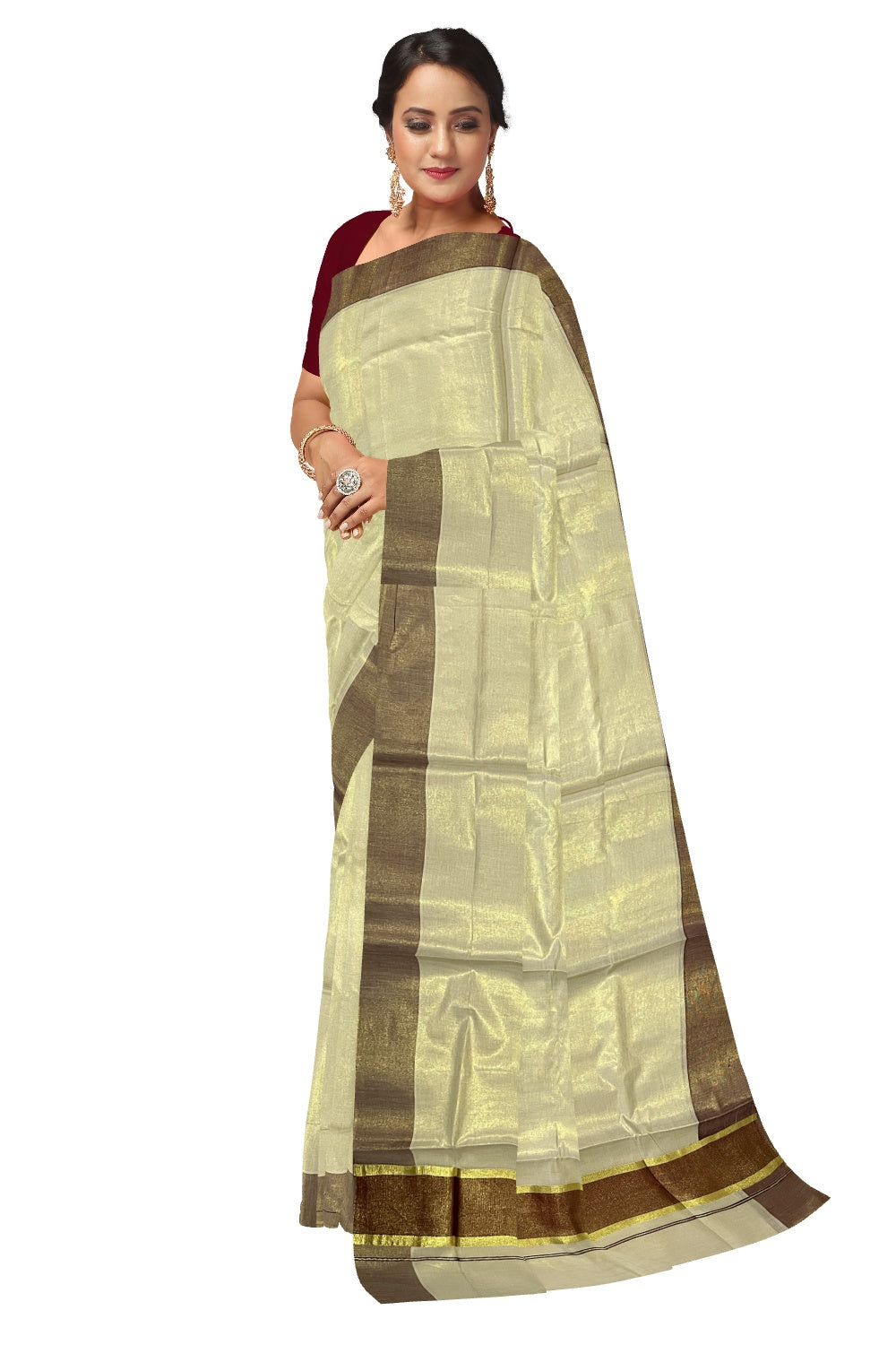 Kerala Tissue Kasavu Plain Saree with Maroon and Kasavu Border