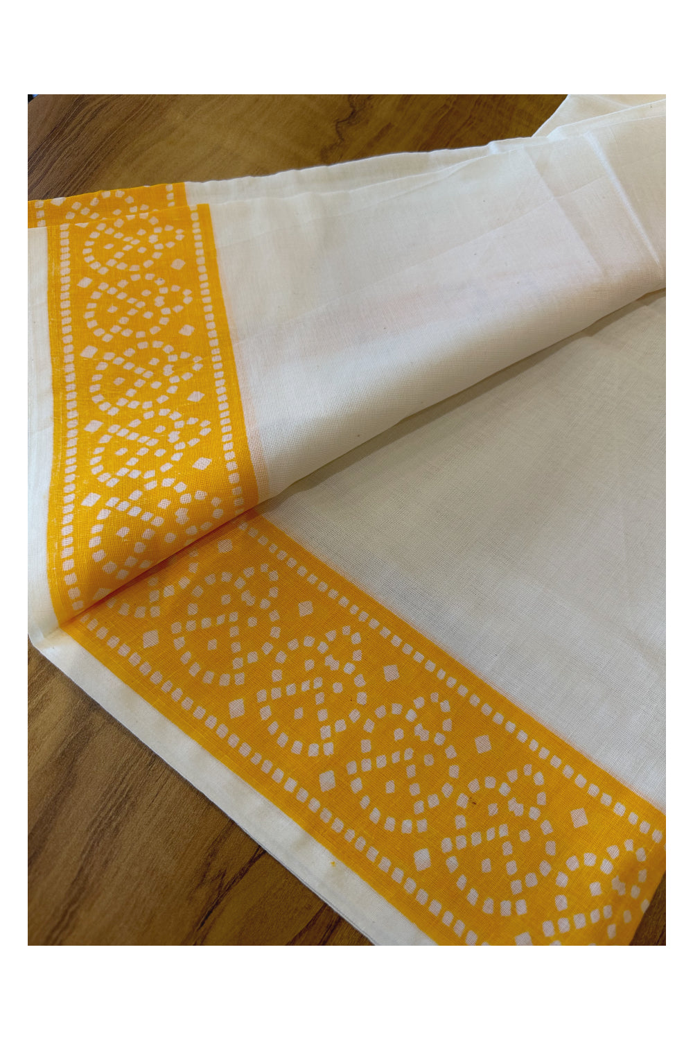 Kerala Cotton Set Mundu (Mundum Neriyathum) with Yellow Block Prints and Seperate Blouse Piece (Onam Set Mundu 2023)