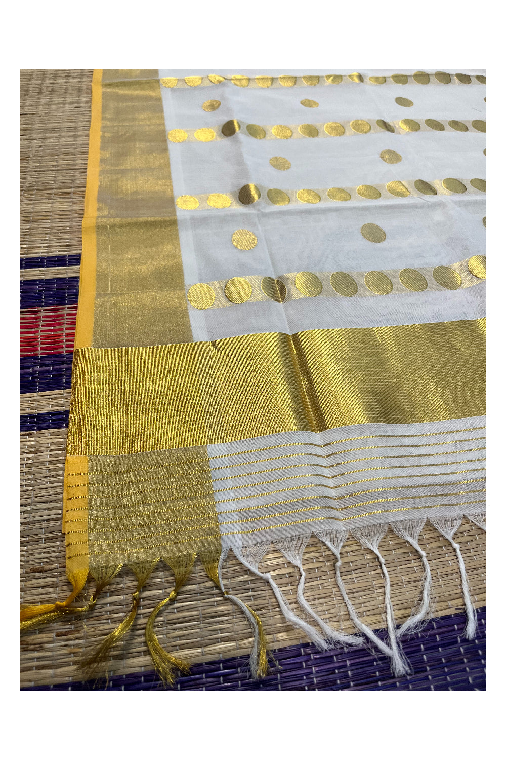 Southloom Premium Handloom Kasavu Saree with Golden Polka Woven Designs Across Body