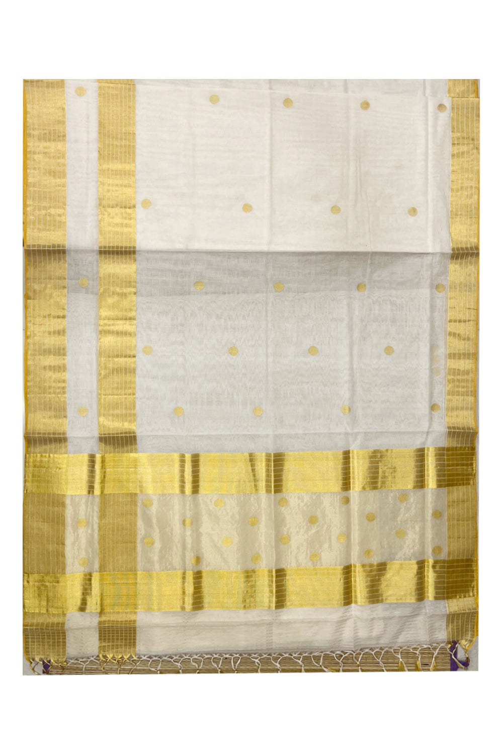 Southloom Premium Handloom Balaramapuram Unakkupaavu Tissue Kasavu Saree With Golden Polka Woven Designs on Body