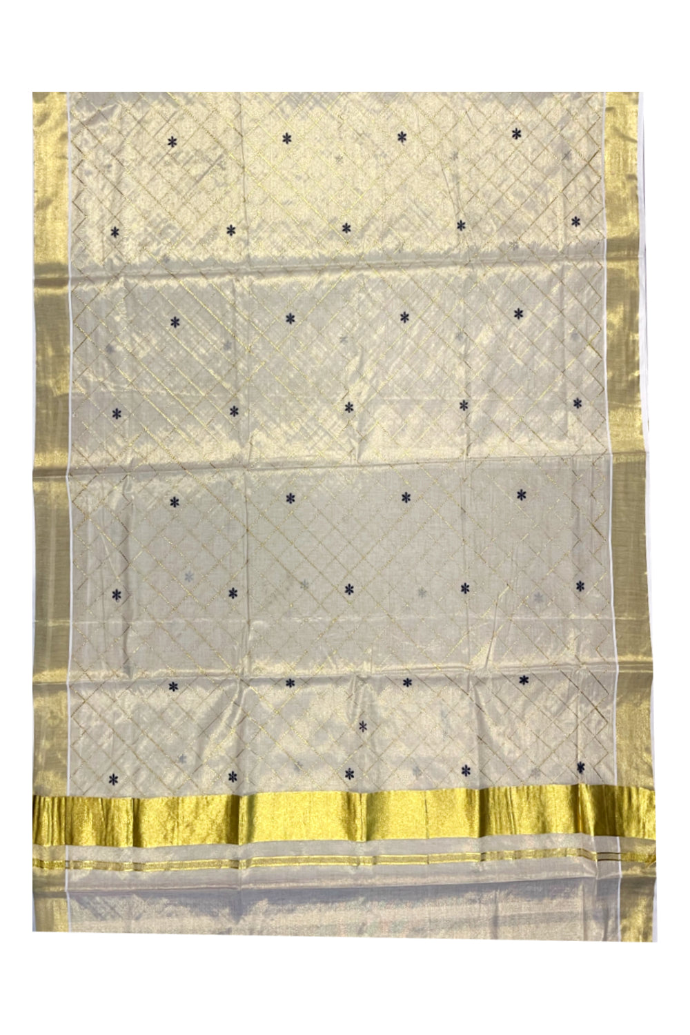 Kerala Tissue Kasavu Check Saree with Blue Flower Embroidery Works