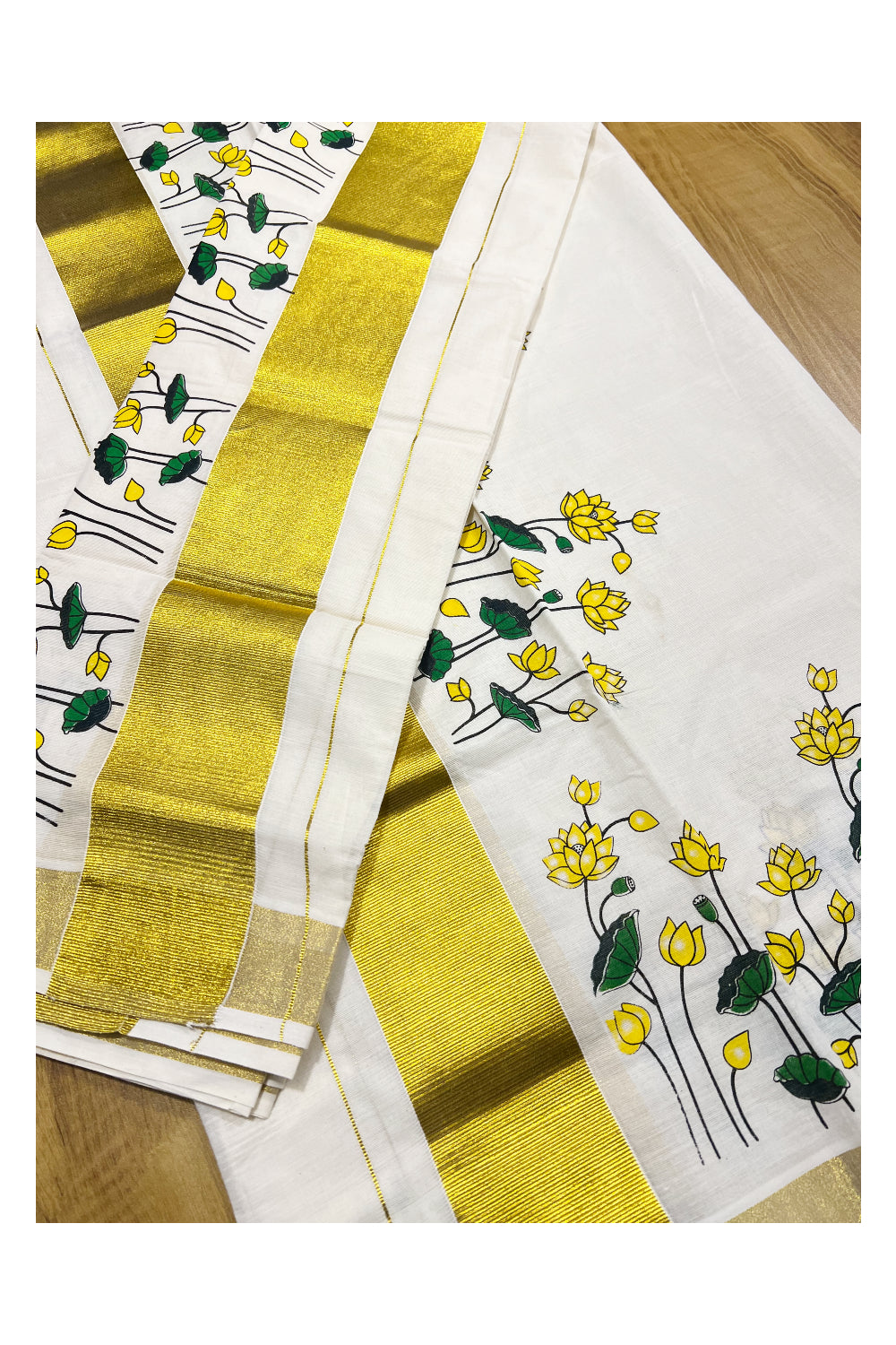 Southloom Onam Special Cotton Mundum Neriyathum (Set Mundu) with Subtle Yellow Lotus Prints 2.80Mtrs