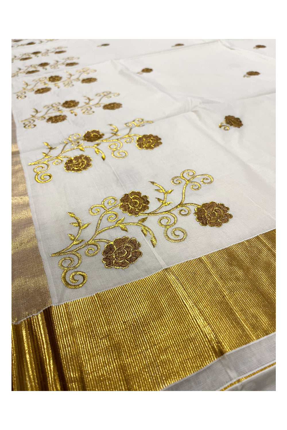 Southloom Kerala Kasavu Saree with Brown and Gold Floral Embroidery