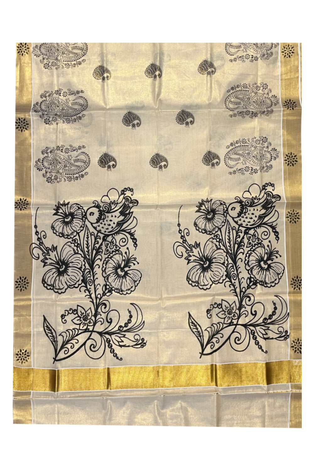 Kerala Tissue Kasavu Saree with Black Floral Block Printed Designs