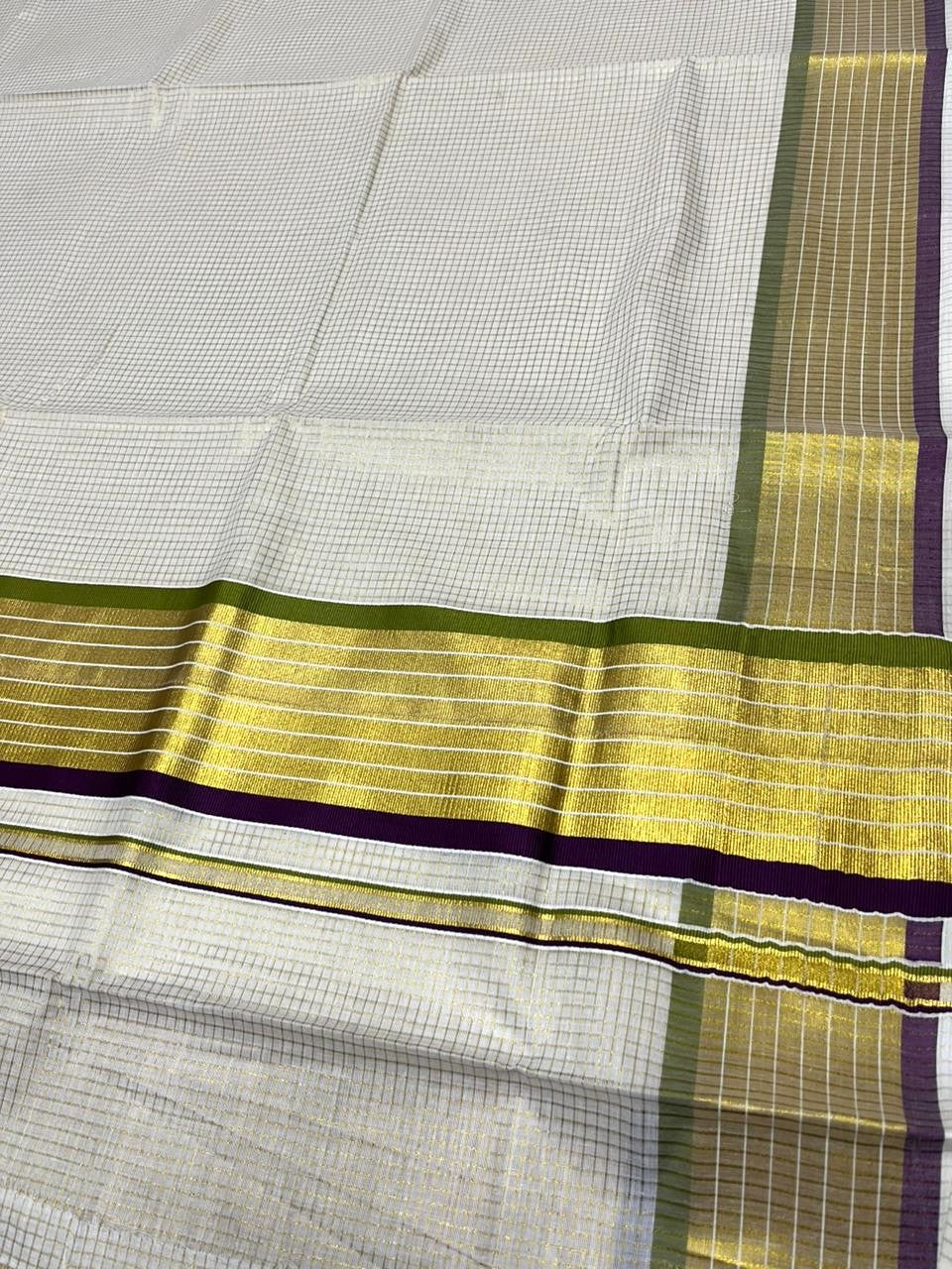 Southloom Kerala Cotton Kasavu Saree with Micro Check Design on Body in Purple & Olive Green Border SL451