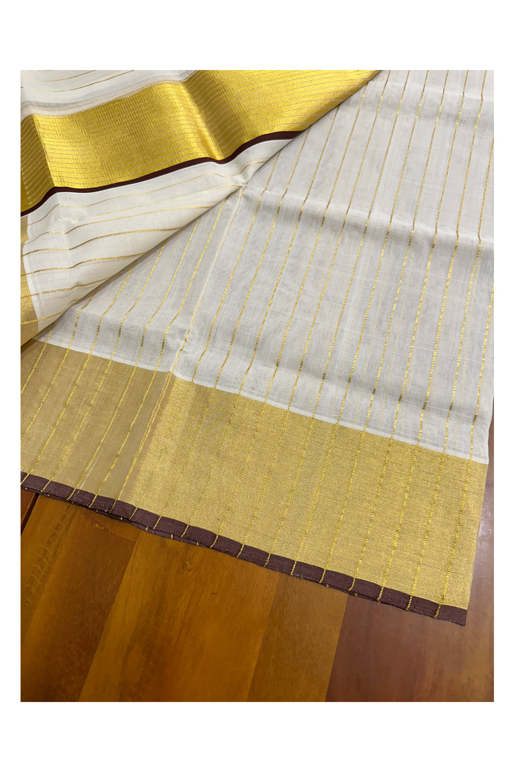 Southloom Premium Handloom Set Mundu with Brown Border and Kasavu Lines Across Body 2.80 Mtrs