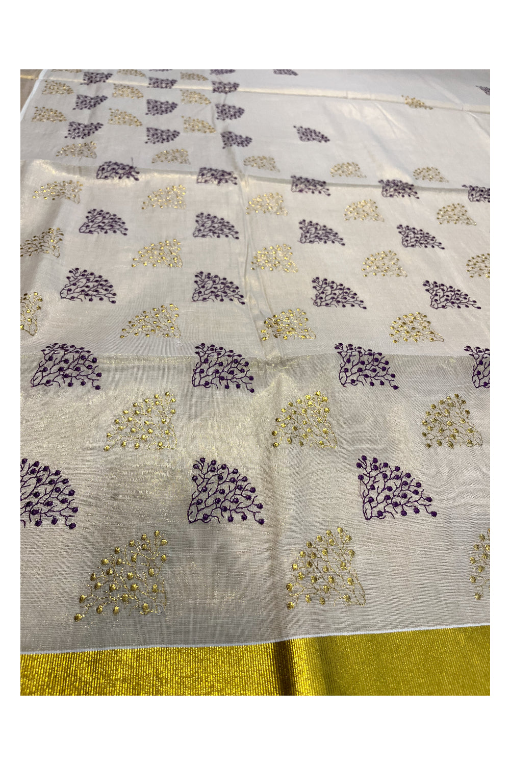 Southloom Kerala Tissue Kasavu Saree with Violet and Gold Floral Embroidery Design on Body