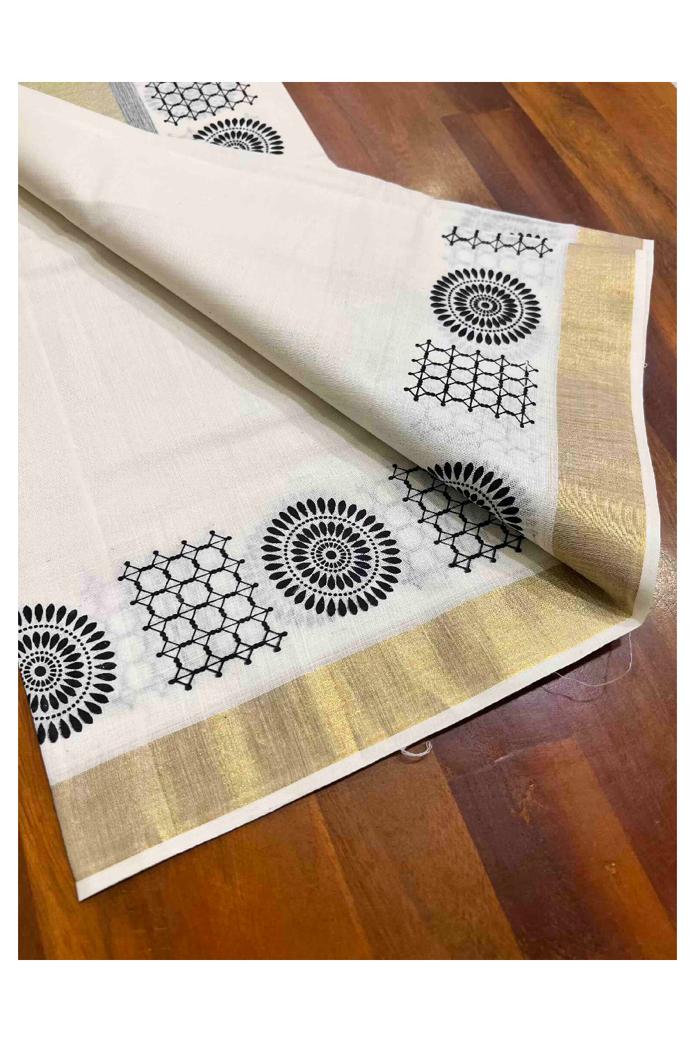 Kerala Cotton Single Set Mundu (Mundum Neriyathum) with Black Block Prints with Kasavu Border  - 2.80Mtrs