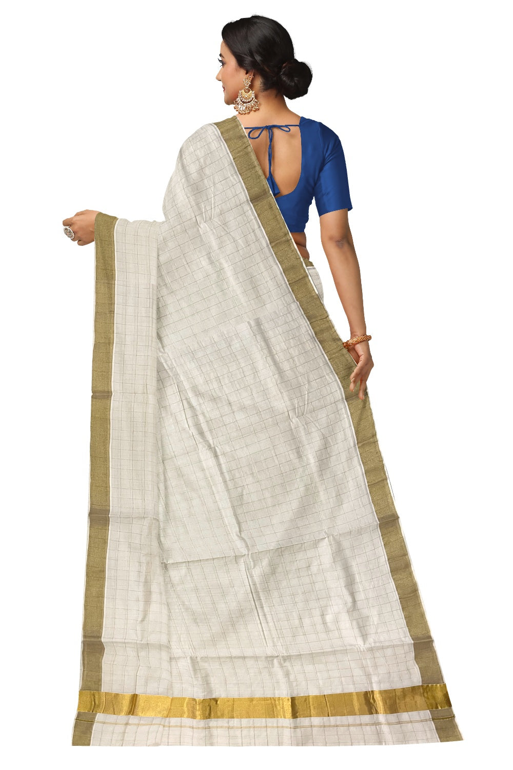 Pure Cotton Kerala Kasavu Check Design Saree with 3x2 inch Border and Tassels Work