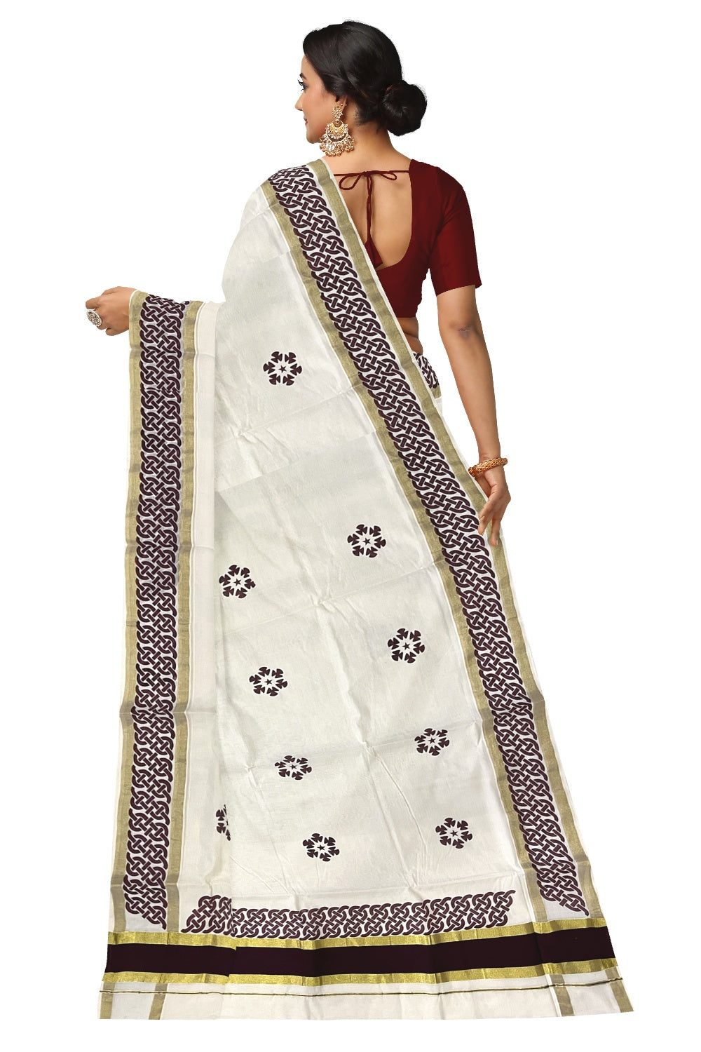 Pure Cotton Kerala Saree with Brown Block Printed Kasavu Border