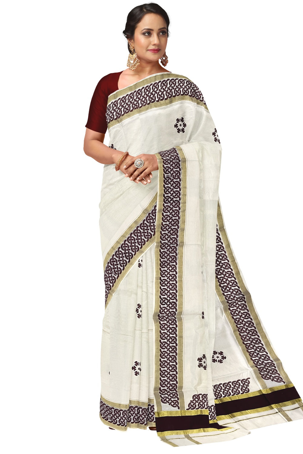 Pure Cotton Kerala Saree with Brown Block Printed Kasavu Border