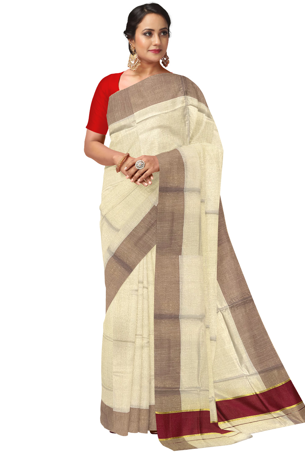 Kerala Kasavu Tissue Saree with Maroon Kara and Border (Onam Saree 2023)