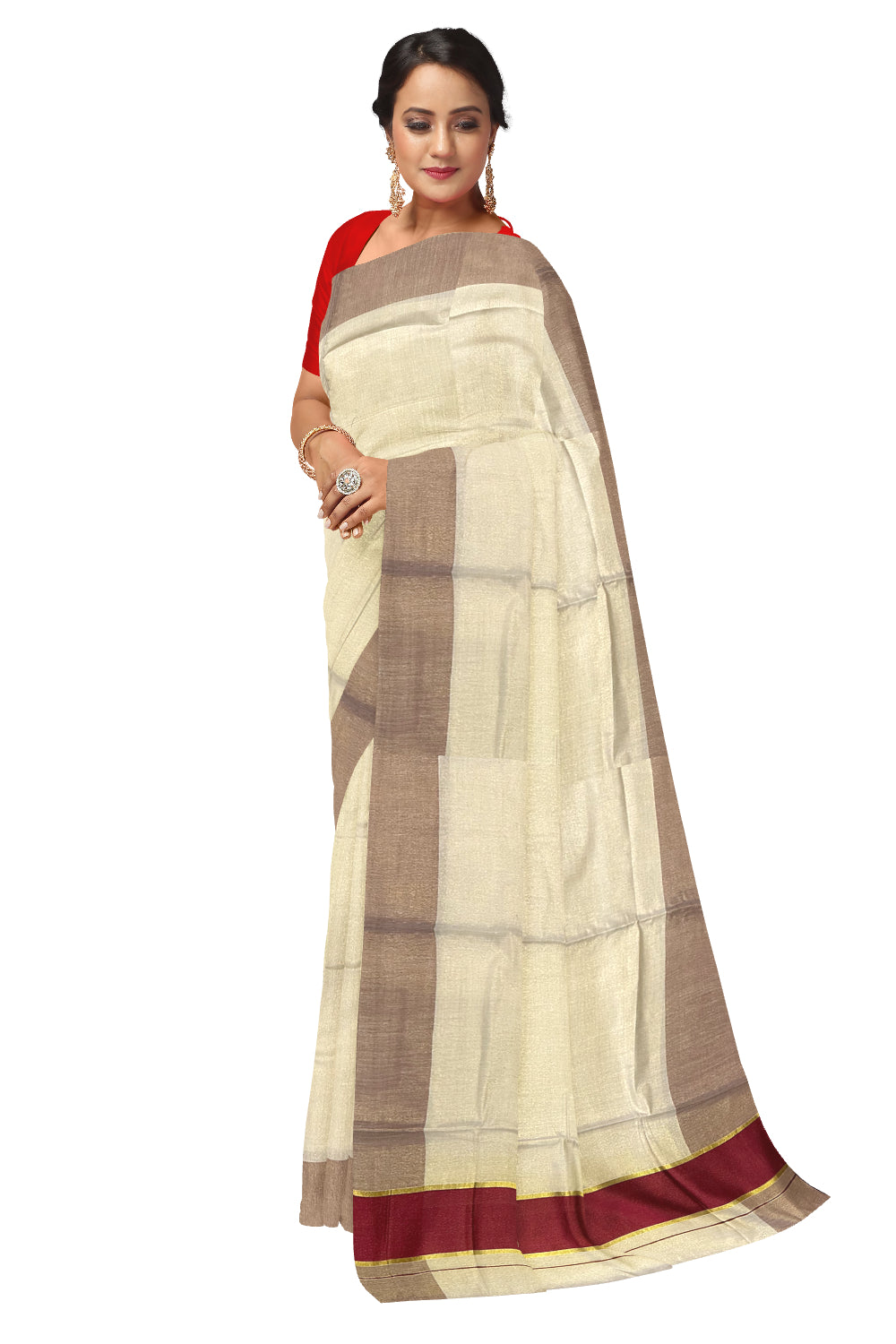 Kerala Kasavu Tissue Saree with Maroon Kara and Border (Onam Saree 2023)