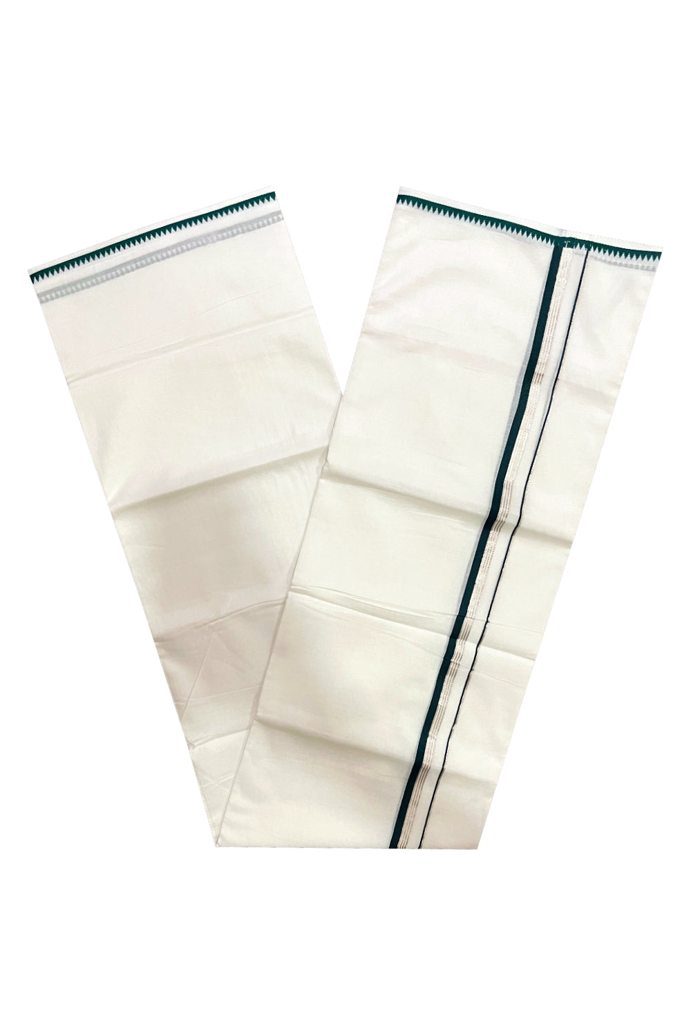 Pure White Cotton Double Mundu with Silver Kasavu and Dark Green Border (South Indian Kerala Dhoti)