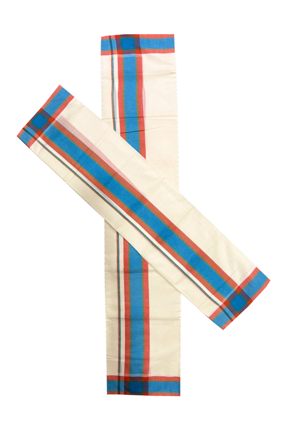 Pure Cotton Mundum Neriyathum Double (Set Mundu) with Blue and Red Border