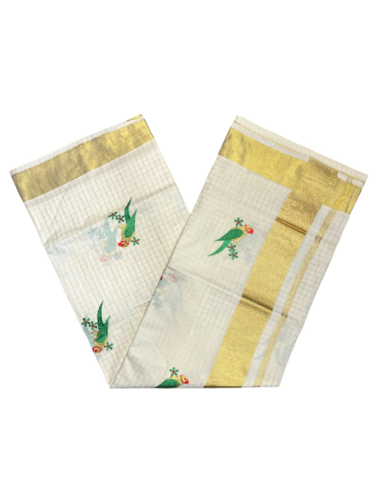 Southloom Pure Cotton Kerala Kasavu Check Saree with Parrot Embroidery Work