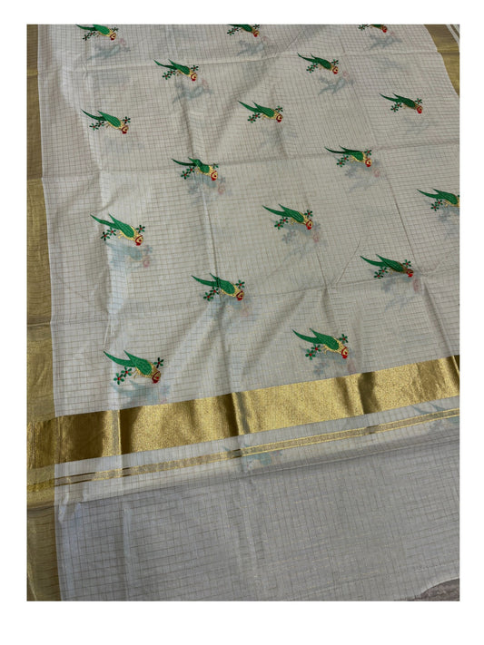 Southloom Pure Cotton Kerala Kasavu Check Saree with Parrot Embroidery Work