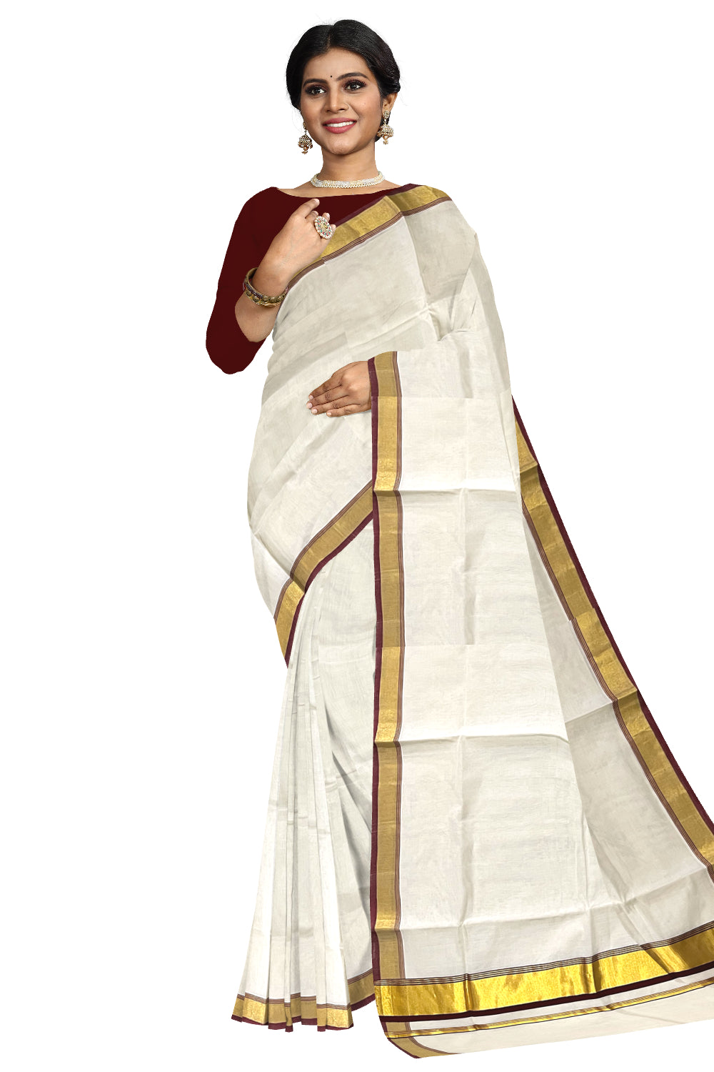 Southloom Premium Handloom Kerala Saree with Maroon and Kasavu Border