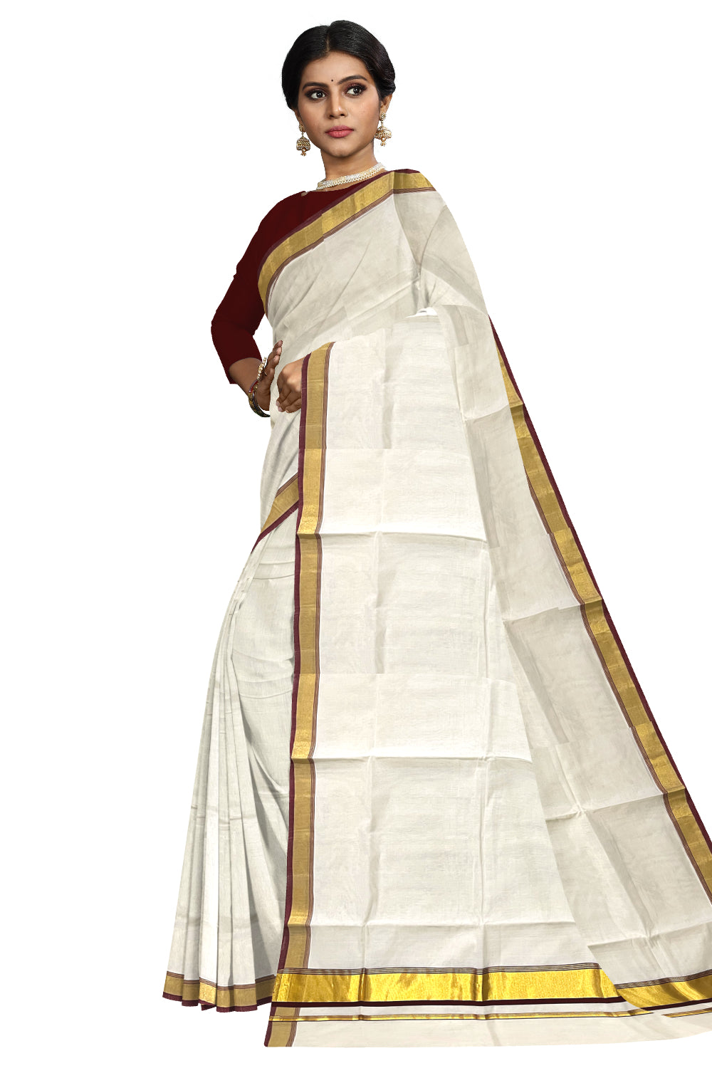 Southloom Premium Handloom Kerala Saree with Maroon and Kasavu Border