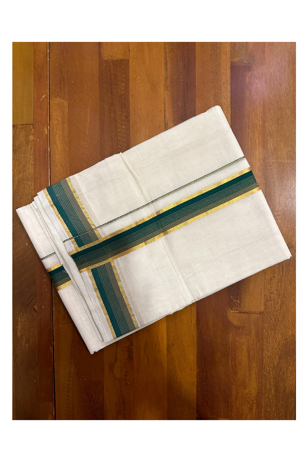 Southloom Premium Handloom Mundu with Green and Kasavu Kara (Onam Mundu 2023)