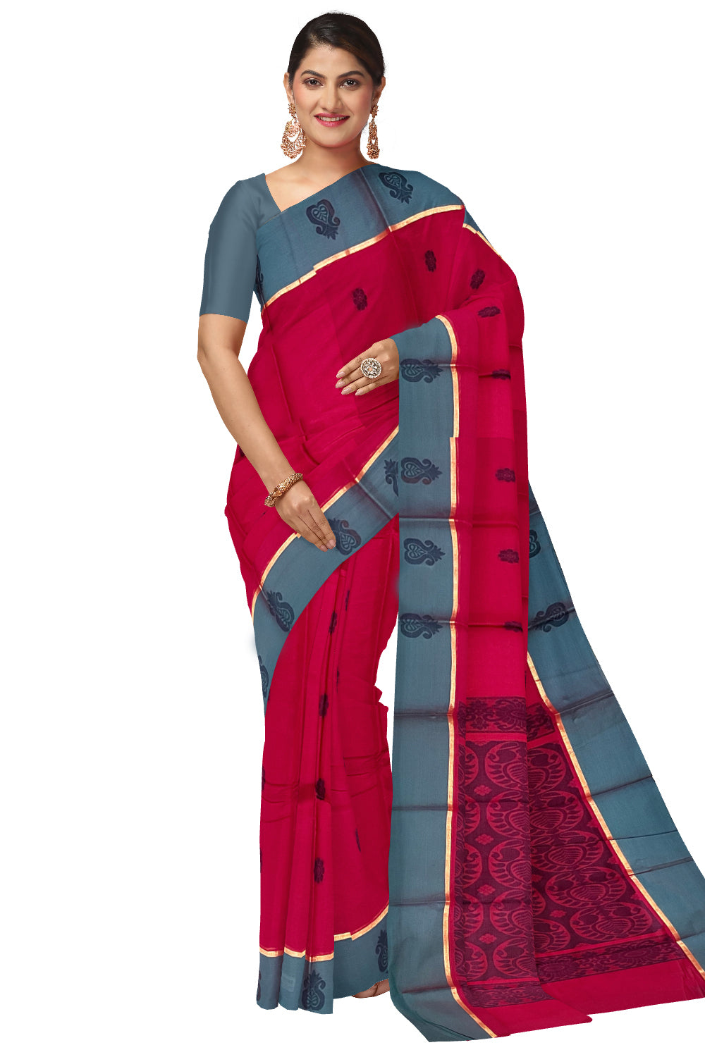 Southloom Cotton Maroon Saree with Woven Butta Works on Body and Pallu