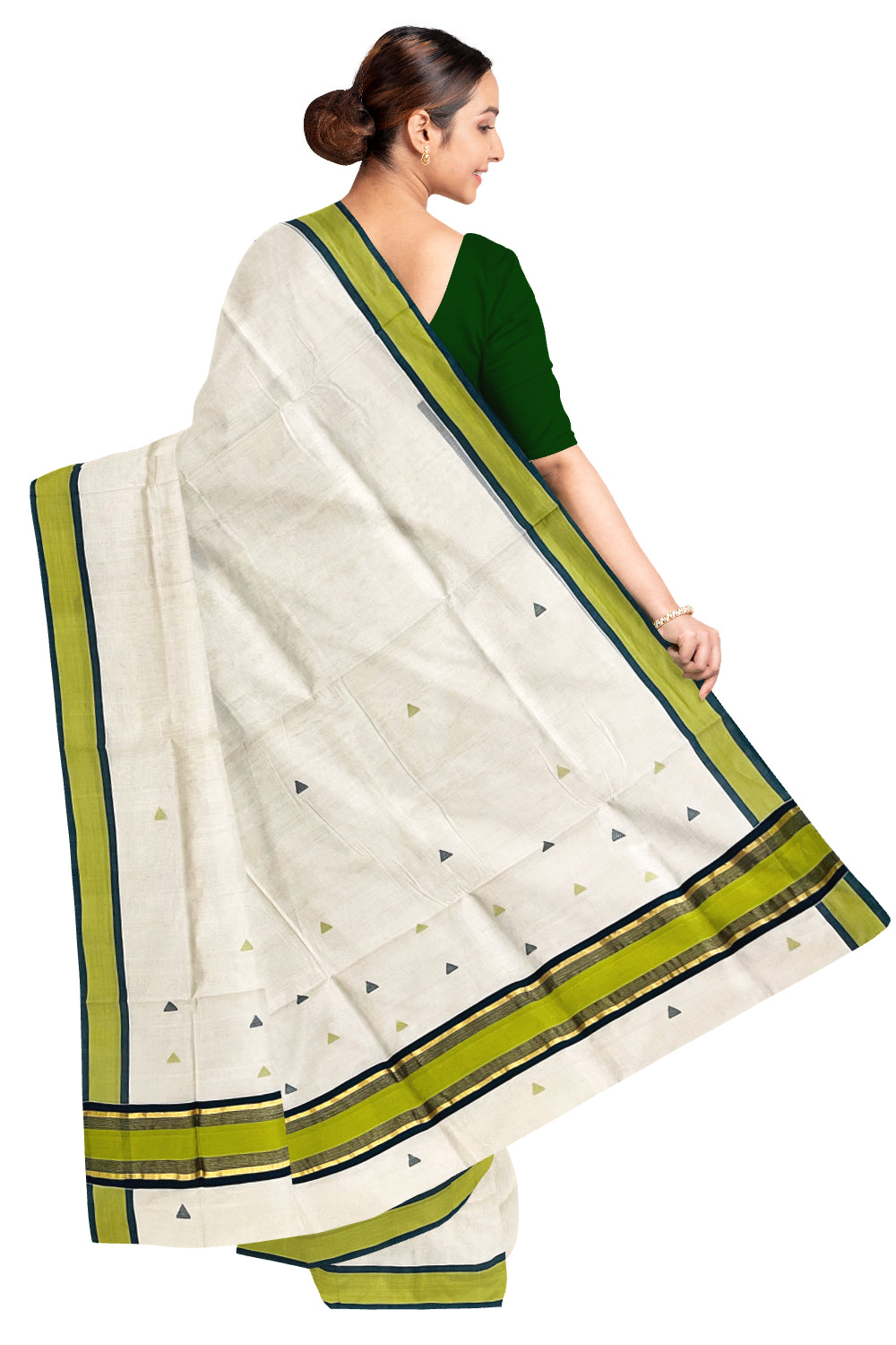 Southloom Premium Unakkupaavu Handloom Kerala Cotton Kasavu Saree with Green Butta Works on Body