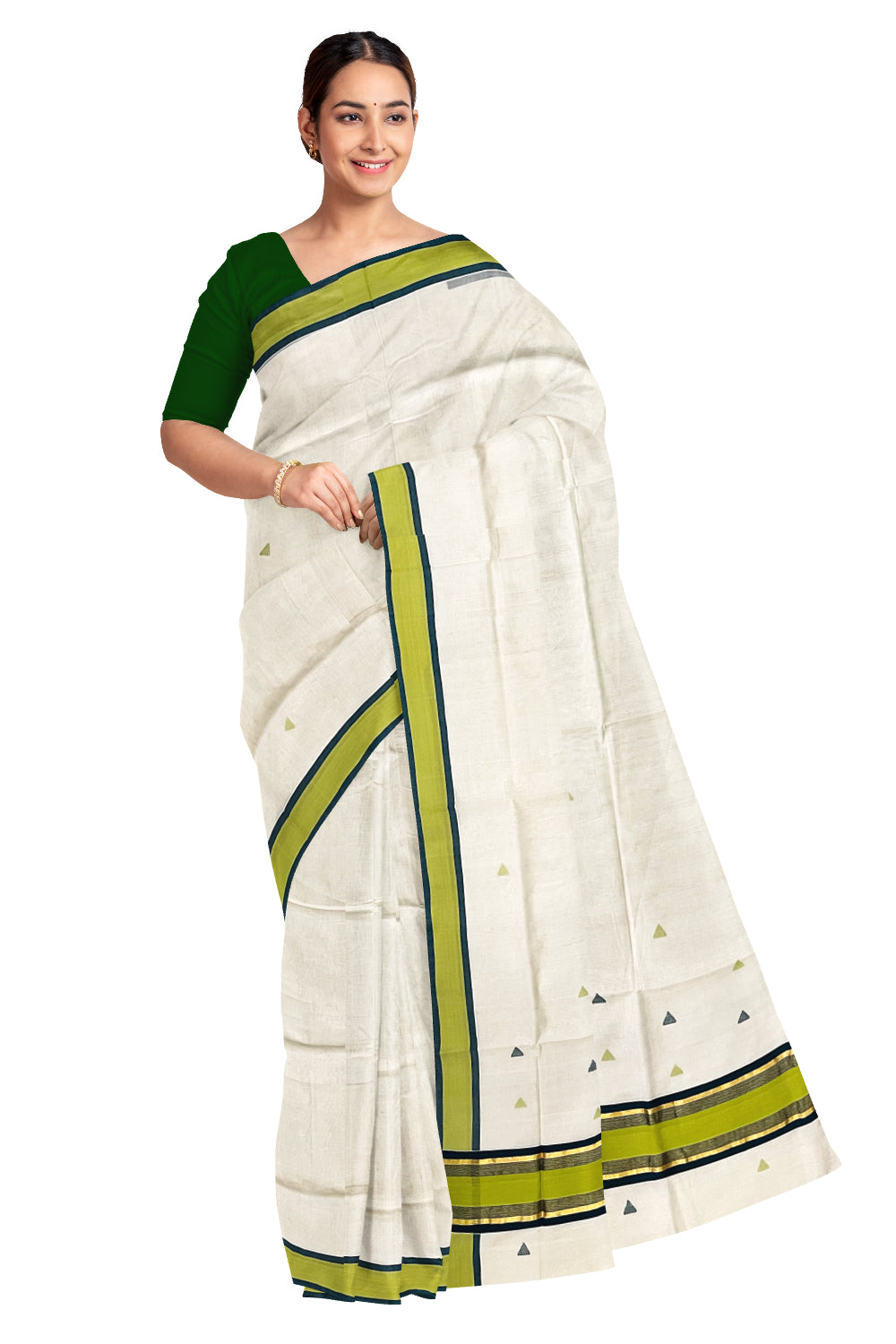 Southloom Premium Unakkupaavu Handloom Kerala Cotton Kasavu Saree with Green Butta Works on Body