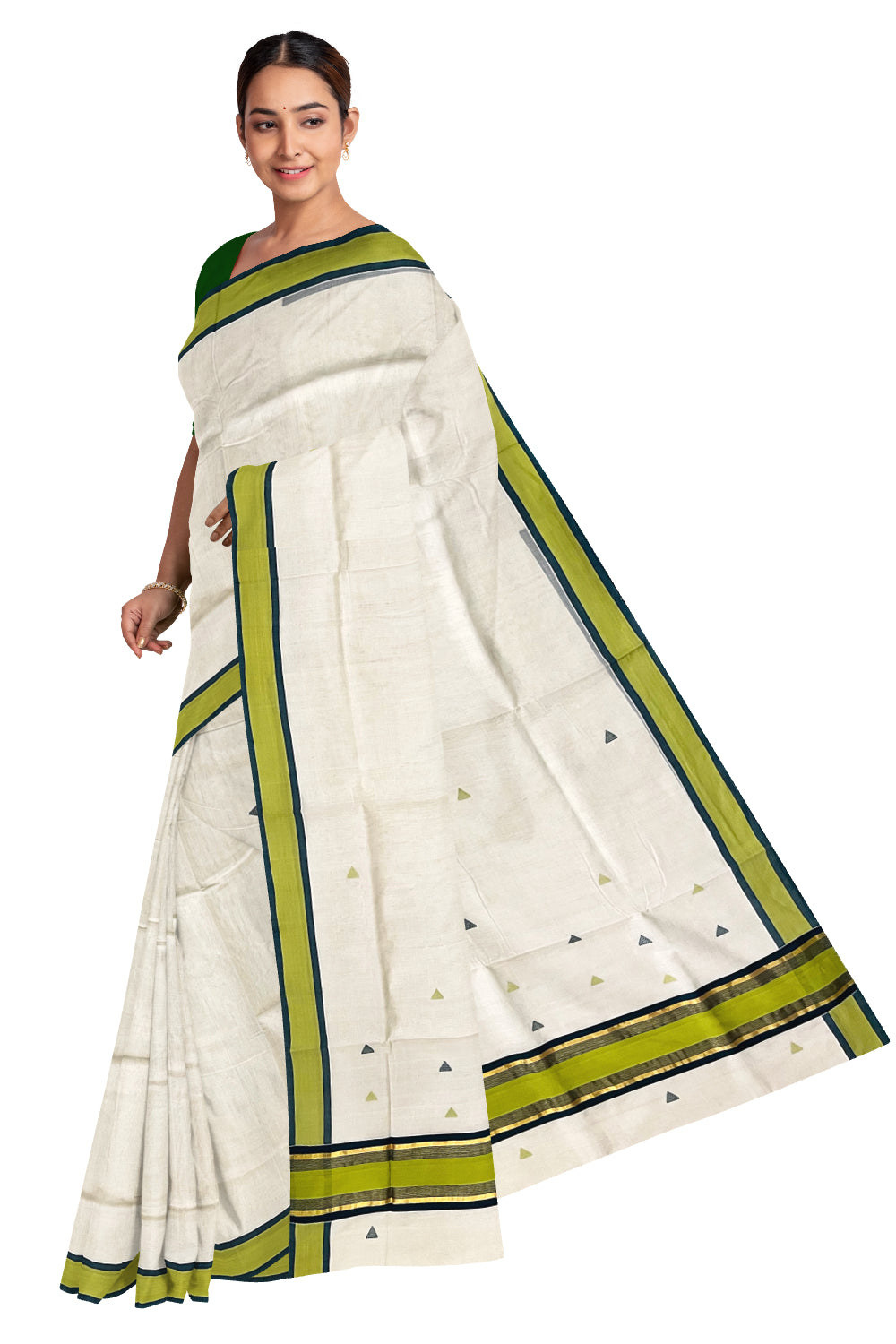 Southloom Premium Unakkupaavu Handloom Kerala Cotton Kasavu Saree with Green Butta Works on Body